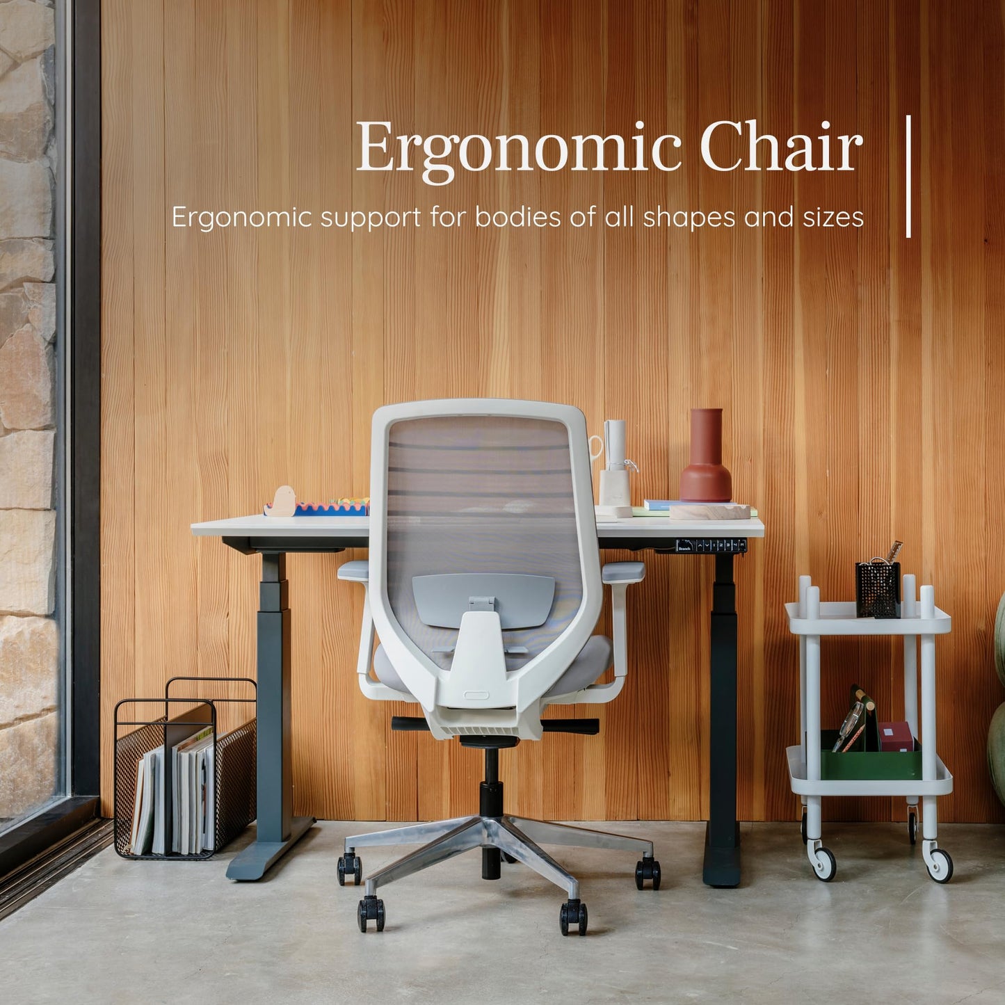 Branch Ergonomic Chair - A Versatile Desk Chair with Adjustable Lumbar Support, Breathable Mesh Backrest, and Smooth Wheels - Experience Optimal Comfort and Support - Sand - White
