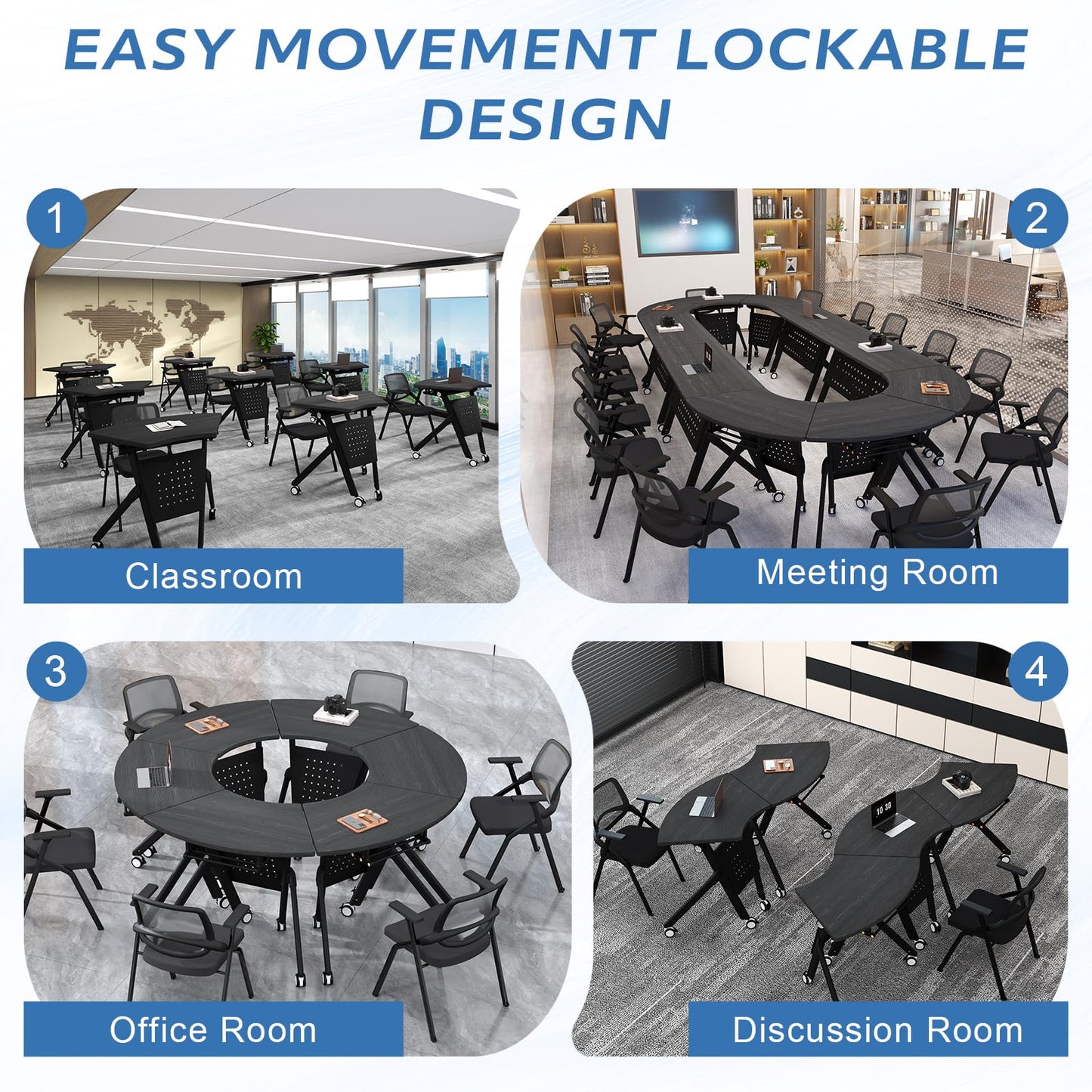 JFazzruit Folding Conference Table,Fan-Shaped Conference Room Tables with Wheels, Mobile Modular Seminar Meeting Desk for Classrooms,Office & Seminar (8, Fan-Black)