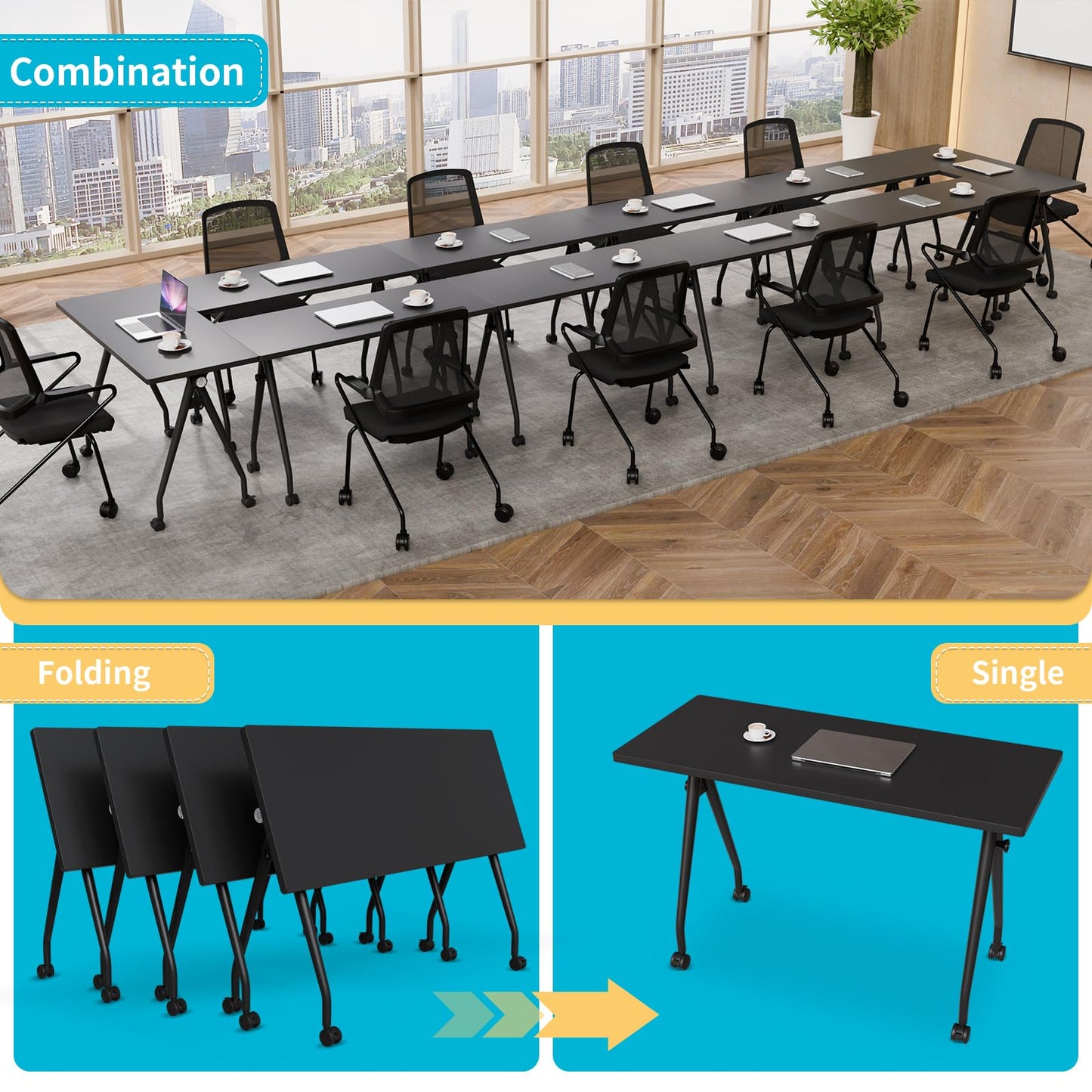 Conference Table with Wheels, Folding Conference Table with Knob & 4 Brake Casters, Modular Flip Top Mobile Conference Room Table for Office, Meeting, Training Room, Class (8, Black, 55.1in)