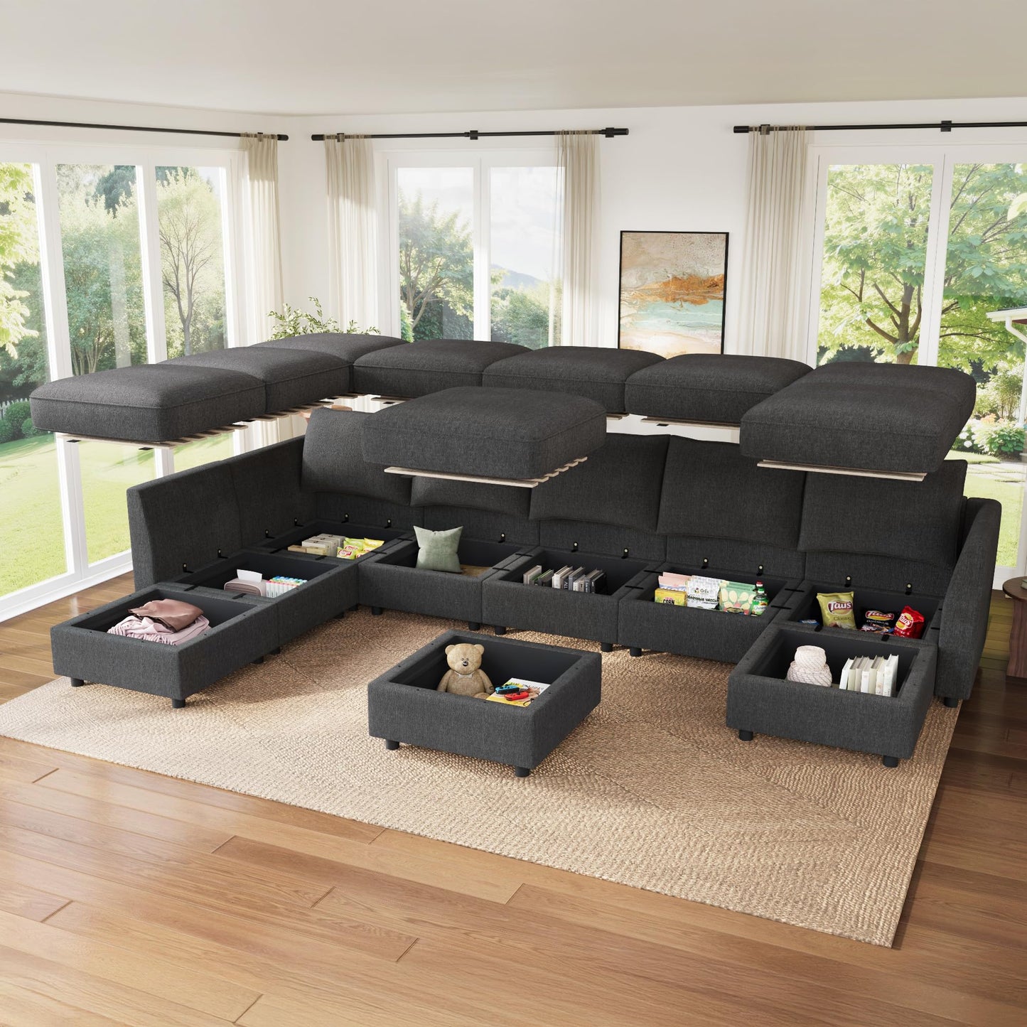 HONBAY Modular Sectional Sofa with Storage, U Shaped Couch Modular Convertible Sectional Couches for Living Room - Snowflake Velvet Grey