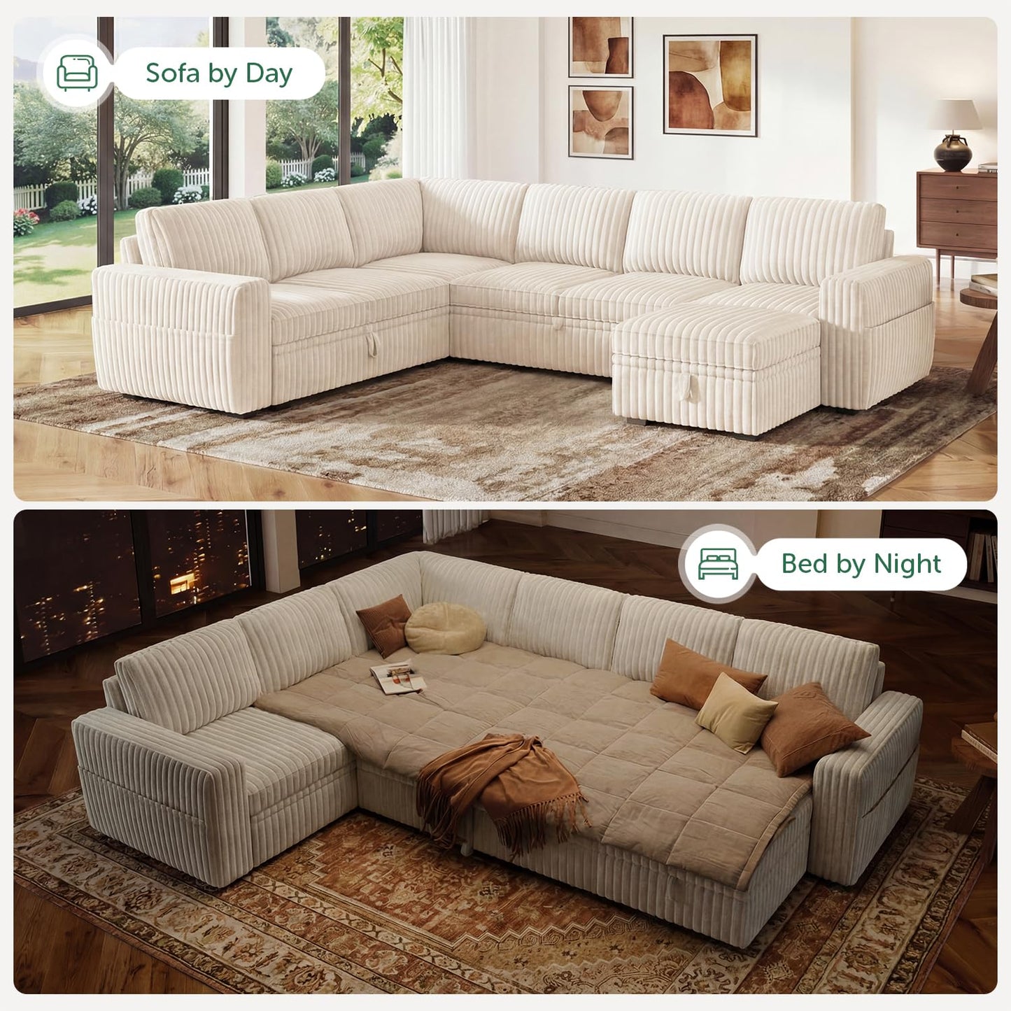 HONBAY Modular Sectional Sleeper Sofa with Pull Out Bed,Corduroy U Shaped Couch with Storage, Sectional Couches for Living Room,Beige