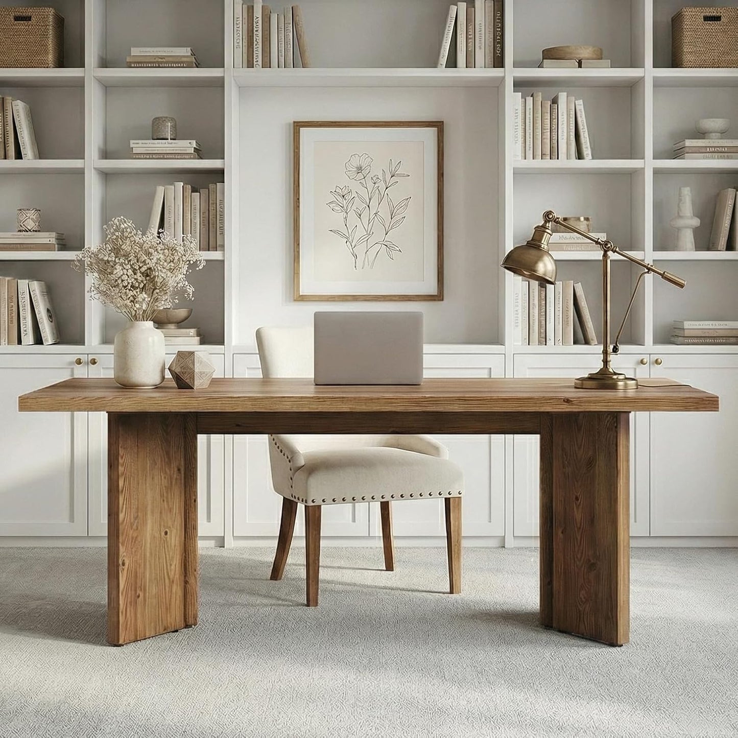 LITTLE TREE 63" Long Large Wood Desks, Solid Wood Office Desk, Farmhouse Executive Computer Desk, Home Office Workstaticon, Work Writing Table, Rustic Brown