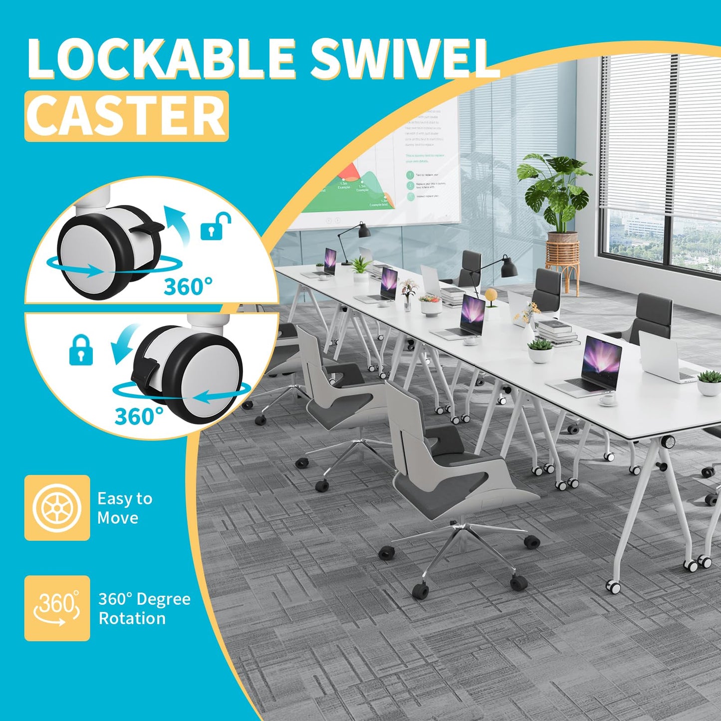 Conference Table with Wheels, Folding Conference Table with Knob & 4 Brake Casters, Modular Flip Top Mobile Conference Room Table for Office, Meeting, Training Room, Class (6, White, 55.1in)