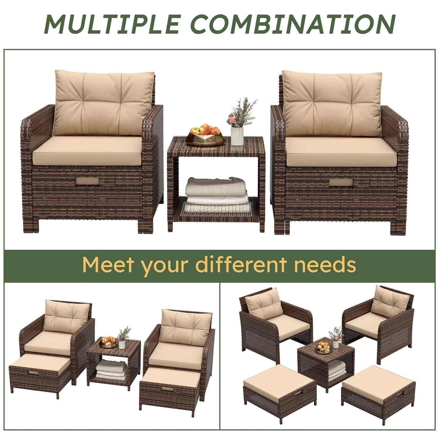 LHBcraft Outdoor Furniture 5 Piece Patio Conversation Set, PE Rattan Patio Set with Soft Cushions & Coffee Table, Outside Furniture with Hidden Ottoman for Porch, Lawn, Garden, Balcony, Brown