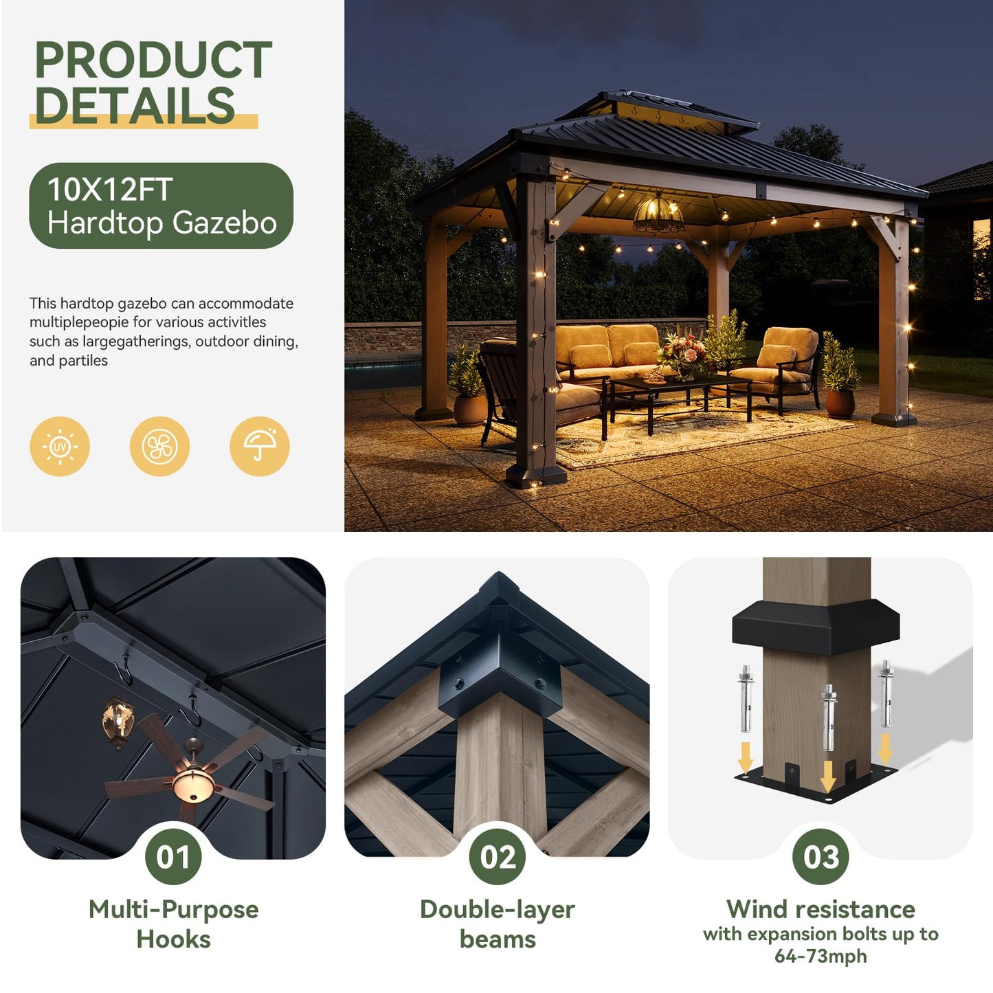 Aoxun 10' x 12' Outdoor Wood Gazebo, Hardtop Gazebo Permanent Wooden Pavilion with Galvanized Steel Double Roof, and LED Outdoor Waterproof Hanging Lights, for Patio, Garden, Deck, Cedar Wood, Grey