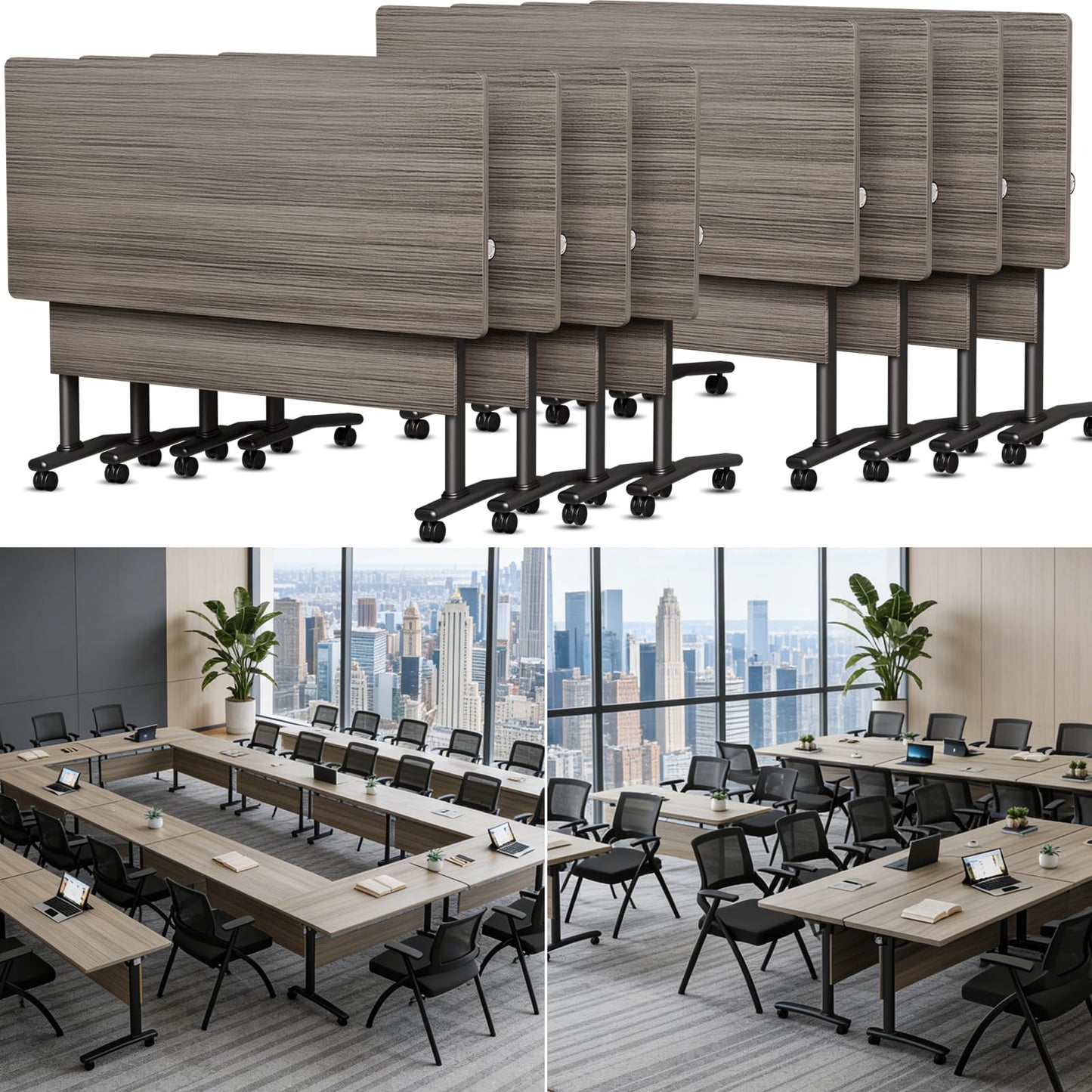 Folding Conference Room Table with Wheels, 6ft Modular Large Mobile Modern Conference Tables Office Meeting Training Table for Classroom(8, Gray, D 55")