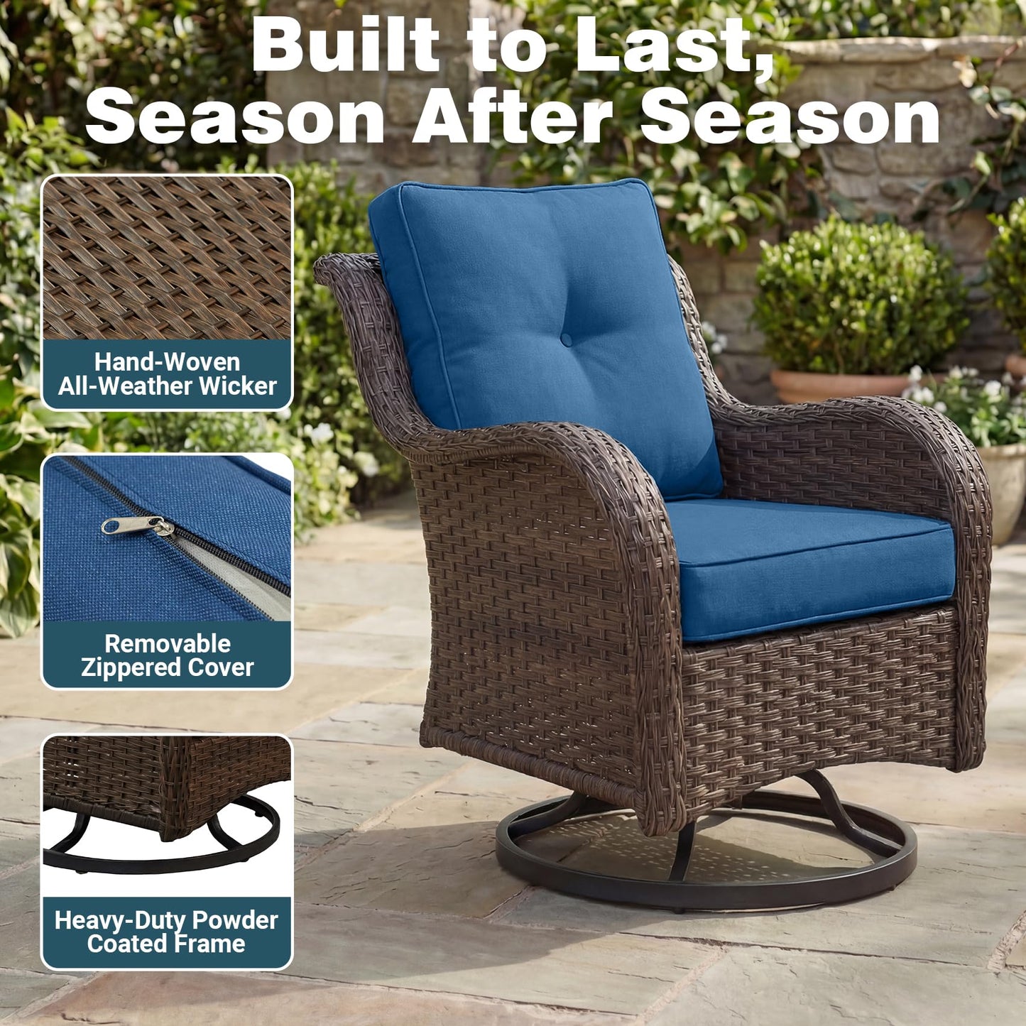 SAILARY Patio Furniture Set, 10PCS Outdoor Wicker Conversation Set with 6" Thick Cushions, High Back Rattan Sofa & Swivel Rocker Chairs, Weather Resistant Olefin Fabric for Garden, Poolside, Navy Blue