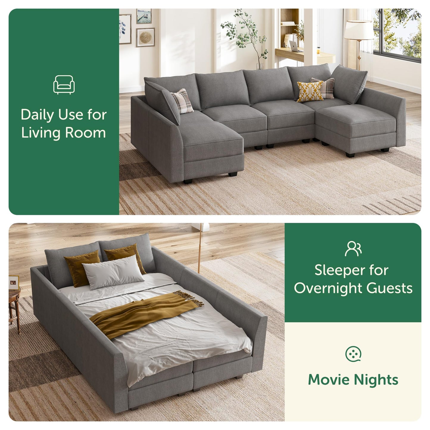 HONBAY Modular Sectional Sofa U Shaped Sectional Modular Sofa with Storage Convertible Sectional Couch for Living Room, Grey