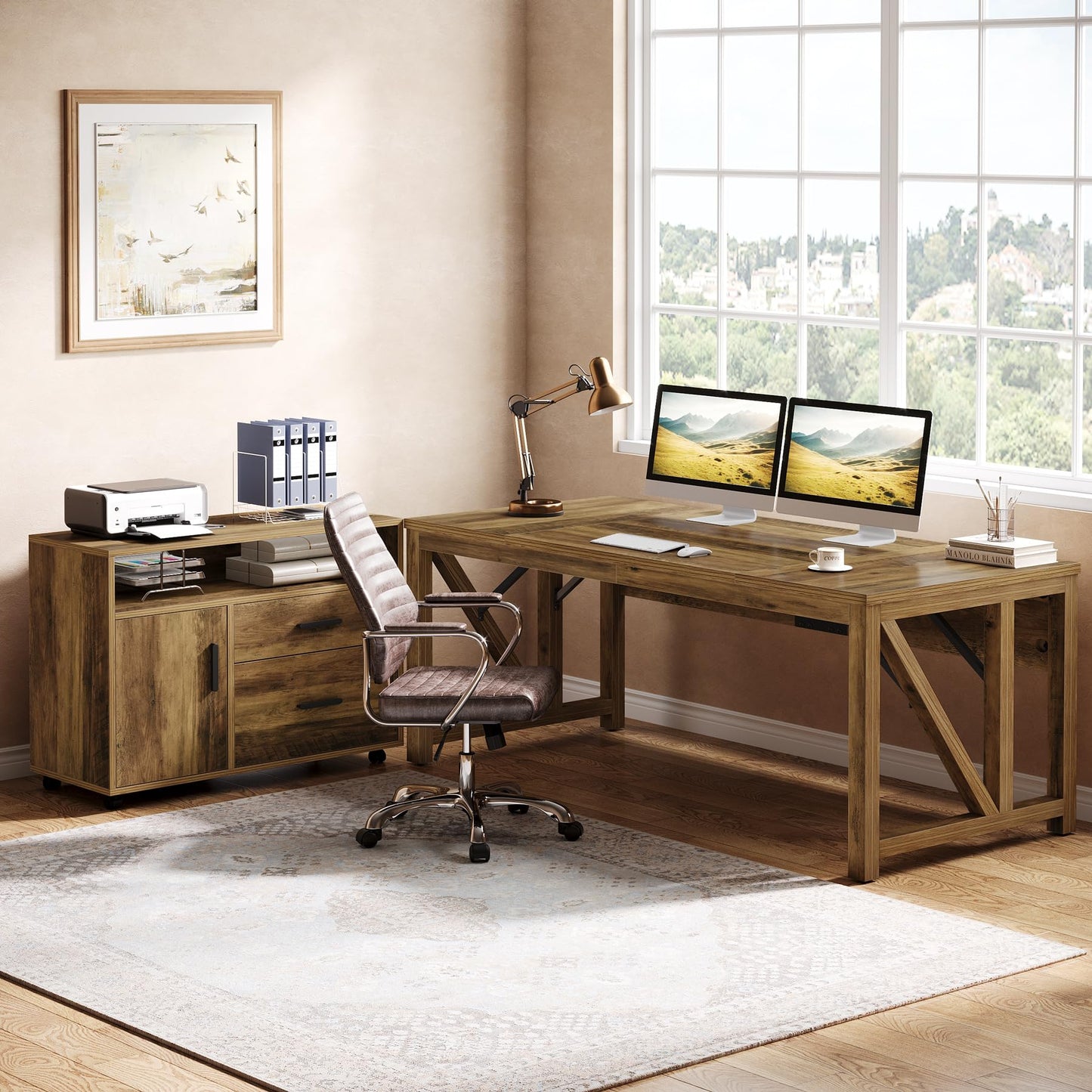 Tribesigns L Shaped Desk with Drawer Cabinet, 63" Executive Computer Desk and lateral File Cabinet, 2 Piece Home Office Furniture with Drawers for Hanging, Door (Rustic Brown, 63 inches)