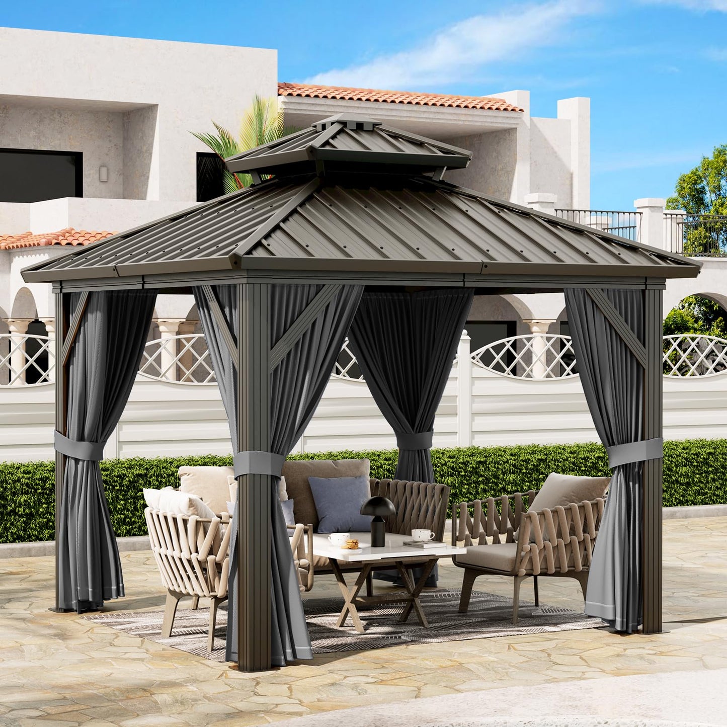 PeakPursuit 10'x10' Hardtop Gazebo, Heavy Duty Aluminum Permanent Hardtop Gazebo Outdoor Pavilion with Curtains and Netting for Garden