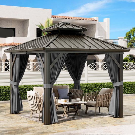 PeakPursuit 10'x10' Hardtop Gazebo, Heavy Duty Aluminum Permanent Hardtop Gazebo Outdoor Pavilion with Curtains and Netting for Garden