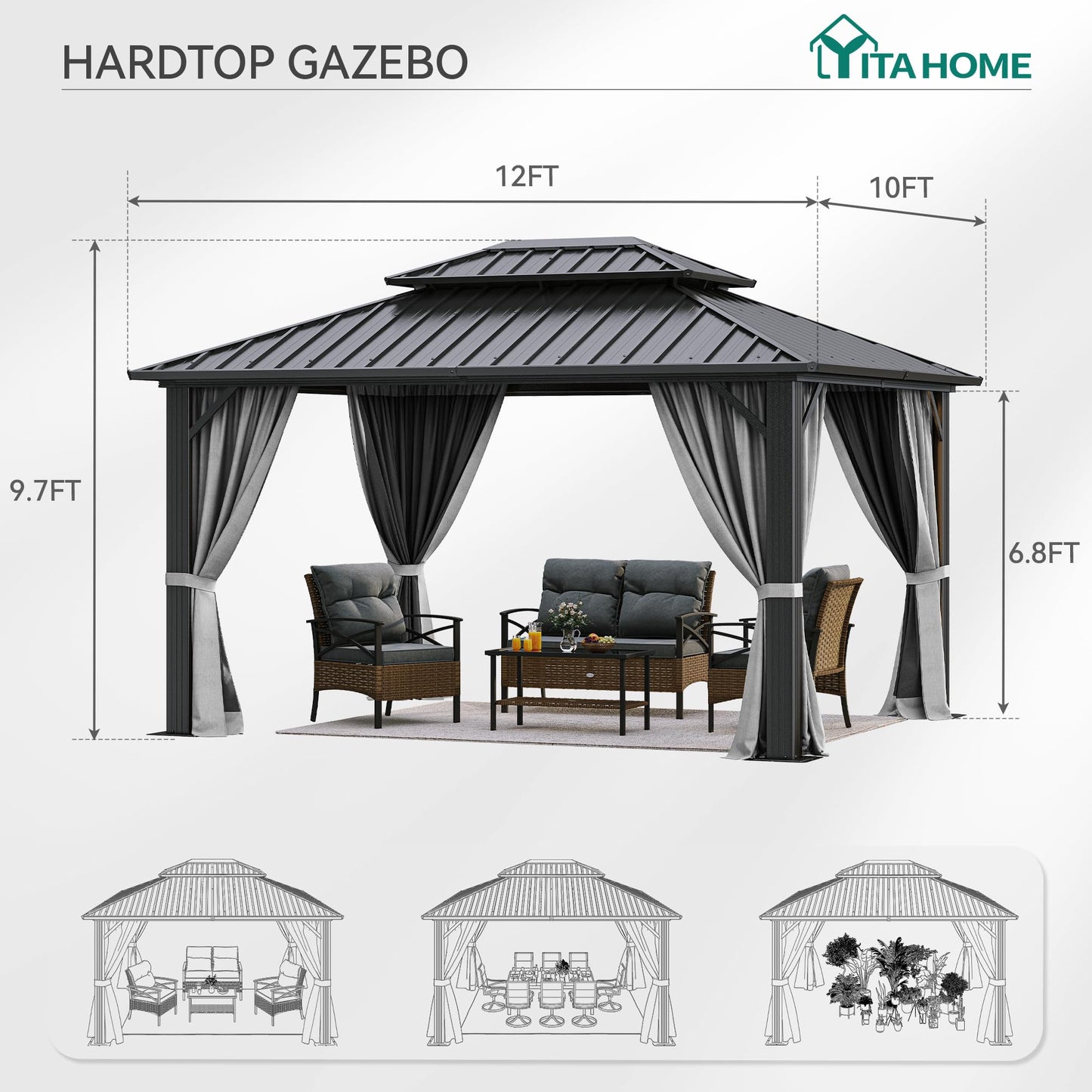 YITAHOME 10X12FT Hard Top Metal Gazebo Patios Double Roof Canopy Aluminum Frame Garden Gazebo Tent Curtains Netting for Patios Backyards Decks Lawns Gray