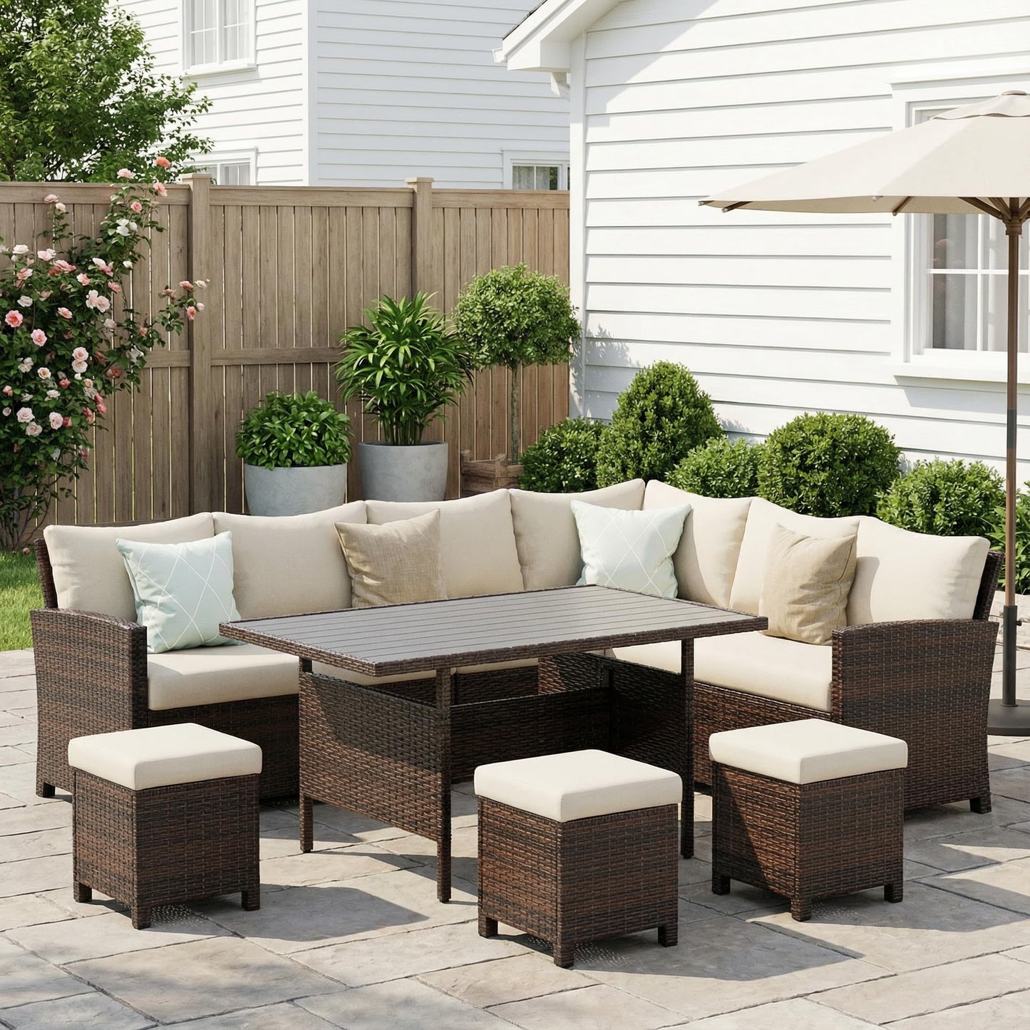 Wisteria Lane 7 Piece Patio Furniture Set, High Curved Back Wicker Patio Sectional, All Weather Outdoor Dining Set, Outdoor Furniture Patio Conversation Set with Ottoman, Ivory