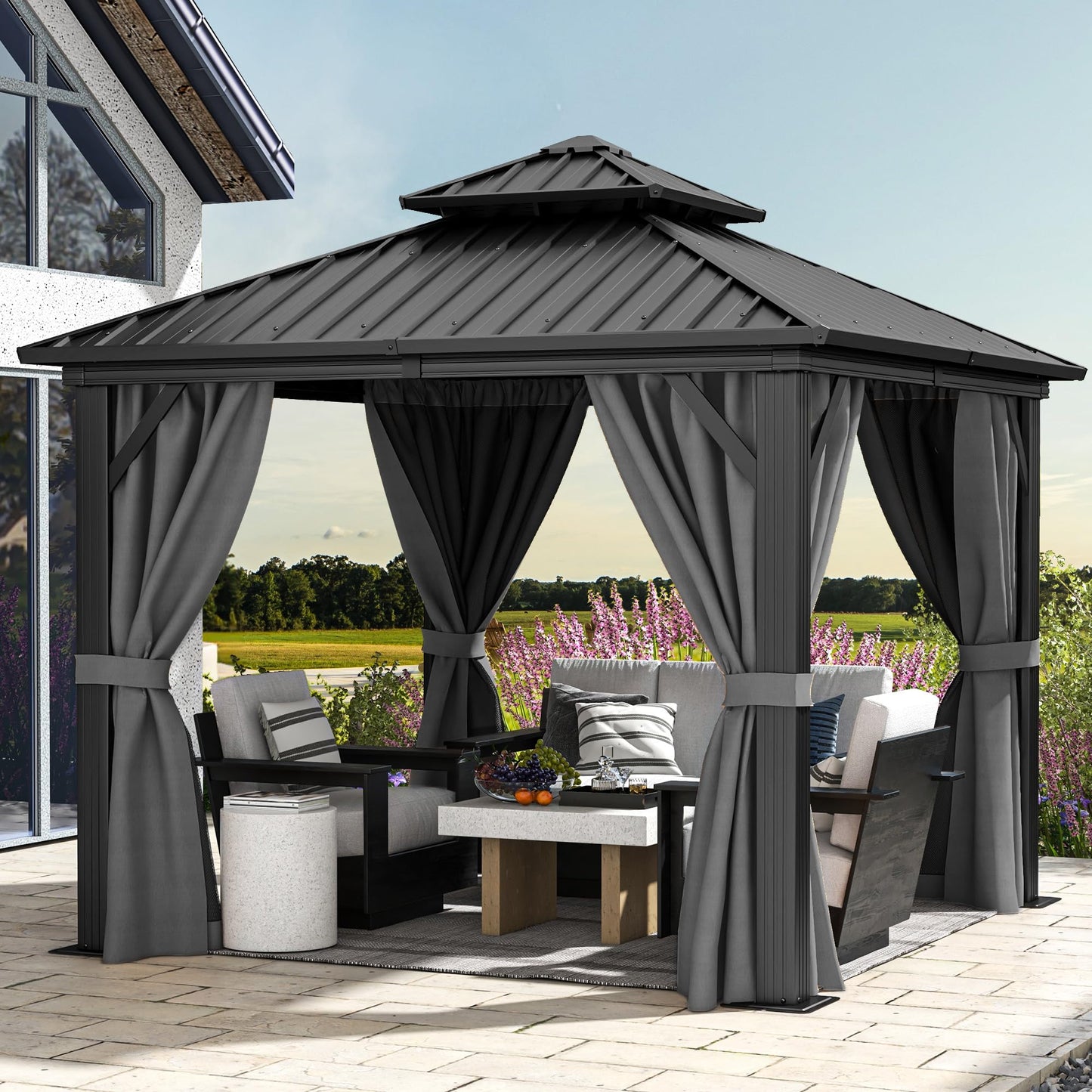 DWVO 10x10ft Hardtop Gazebo Double Roof with Nettings and Curtains, Heavy Duty Galvanized Steel Outdoor Vertical Stripes Roof for Patio, Backyard, Deck, Lawns, Grey