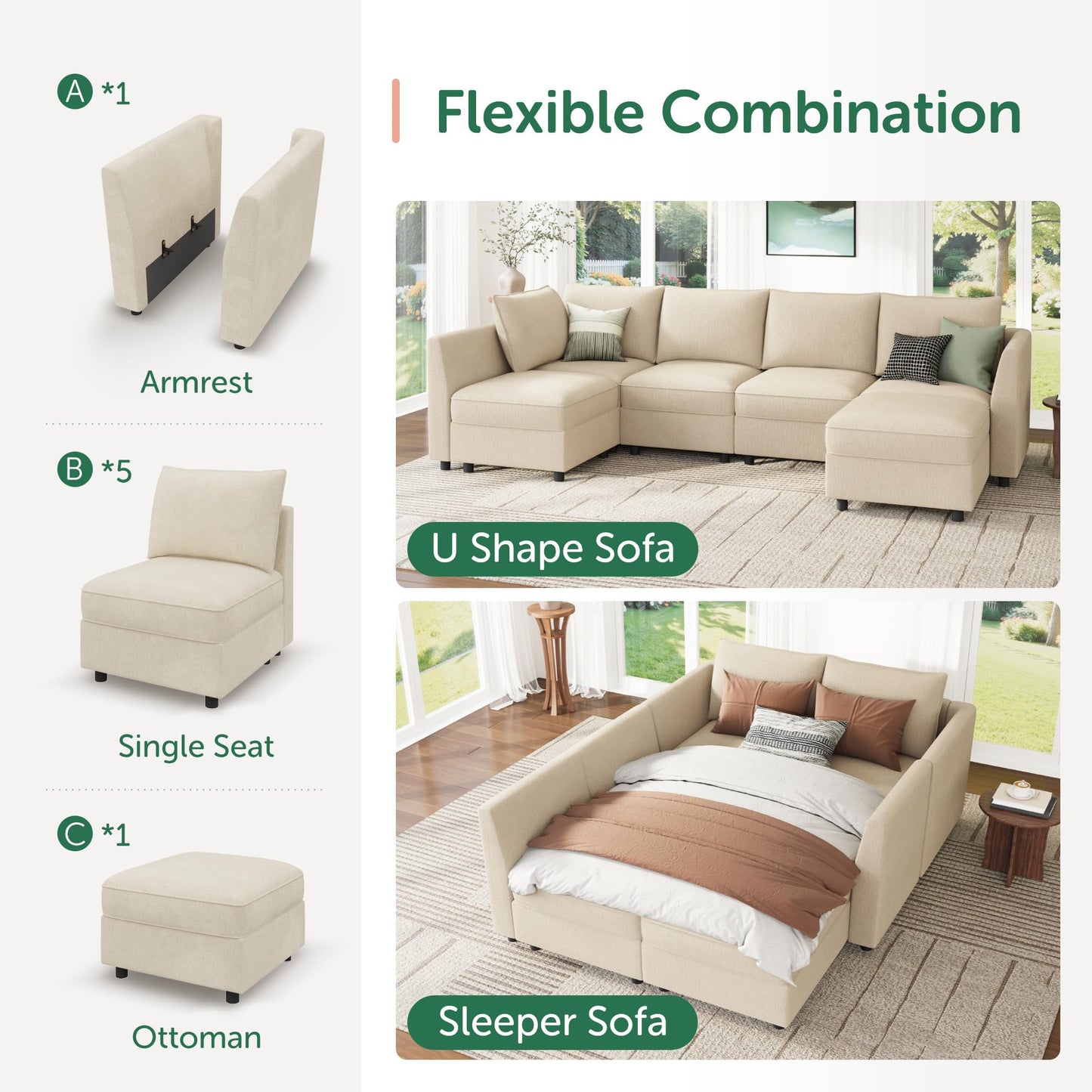 HONBAY Modular Sectional Sofa L Shaped Sectional Couch with Storage, Convertible Couches for Living Room - Beige