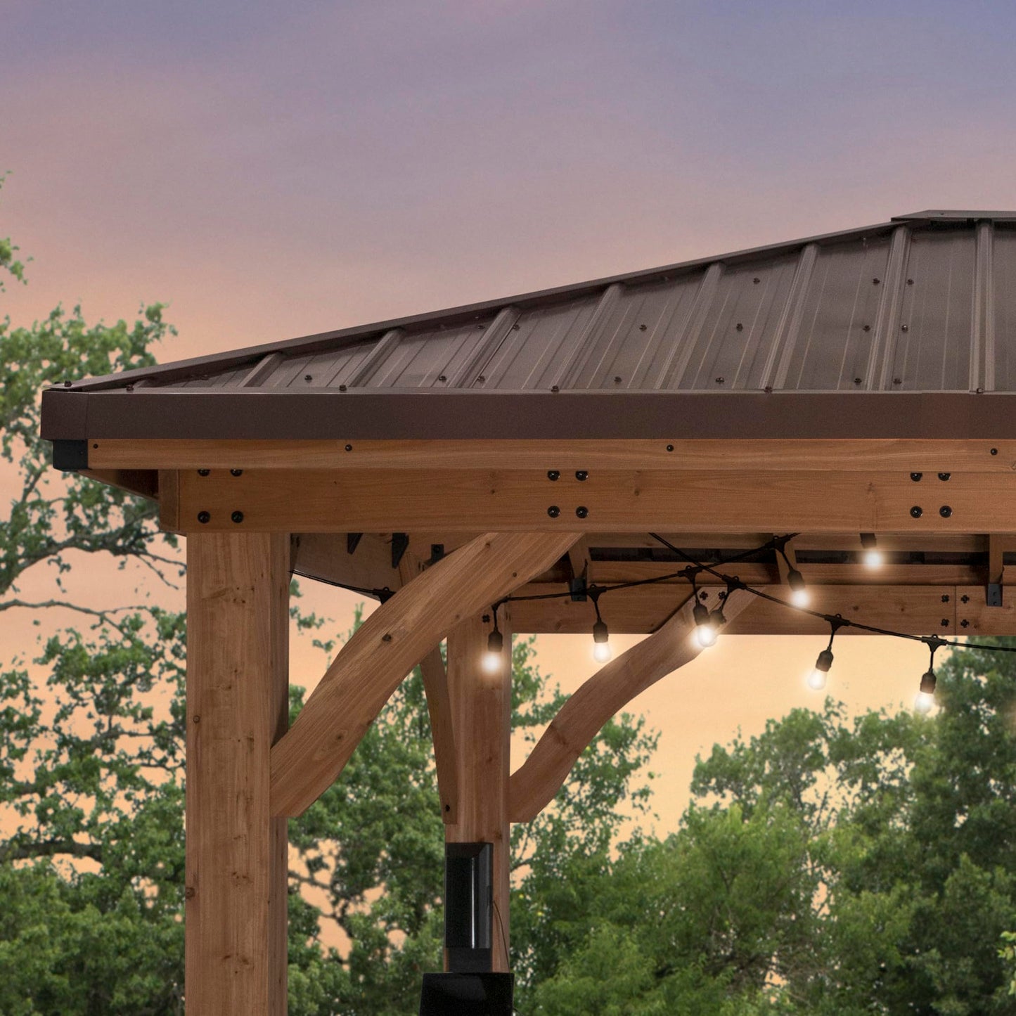 Backyard Discovery Barrington 14' x 10' Cedar Wood Outdoor Gazebo Pavilion with Hardtop Galvanized Steel Hip Roof, Snow Support, Wind Resistance, PowerPort, Shade for Garden, Patio, Deck, Entertaining