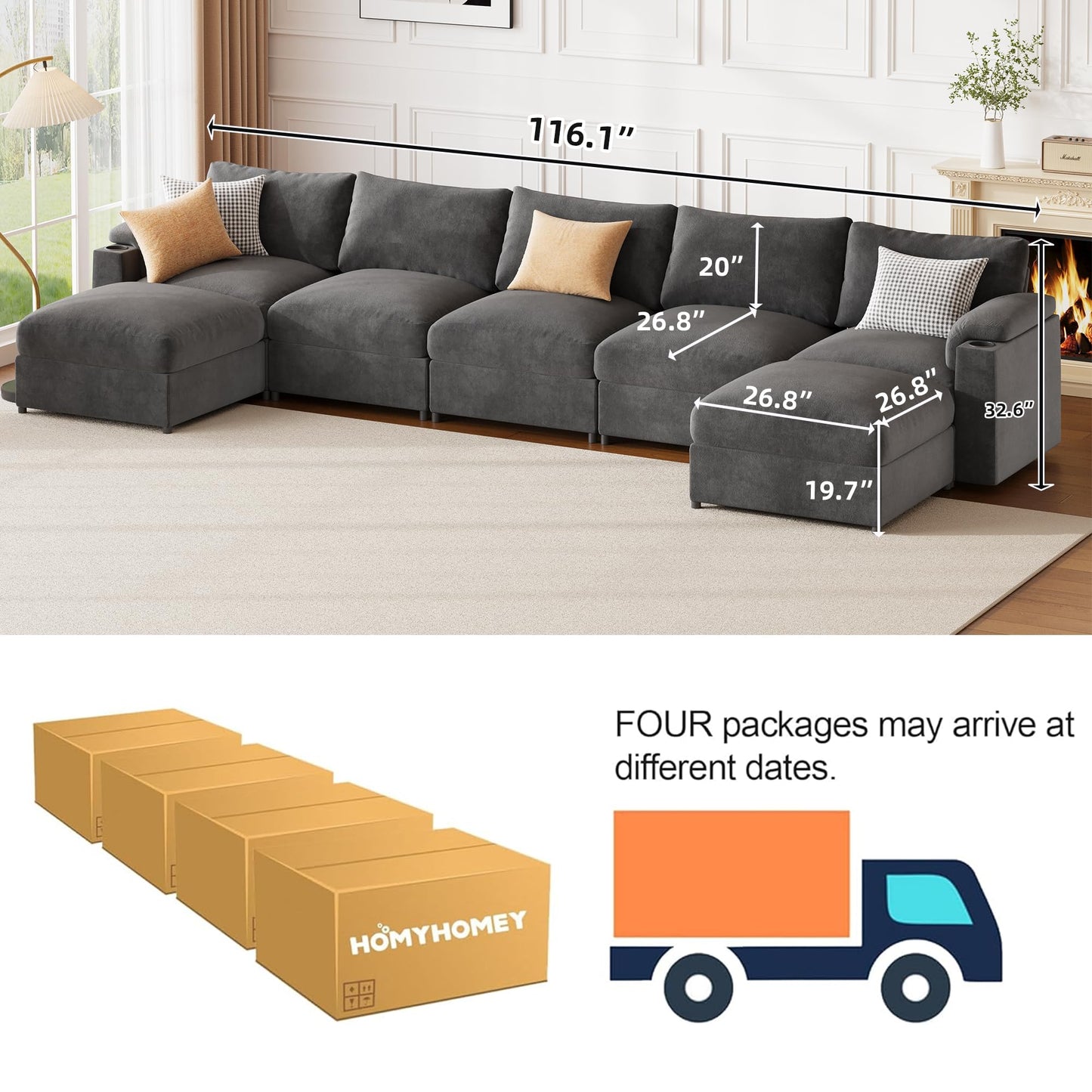 Sectional Couches for Living Room FSC Certified Velvet Modular Couch Oversized Cloud U Shaped Convertible Sleeper Sofa Chaise Detachable Armrest Cushion (Velvet Grey, U Shape 7 Seat)