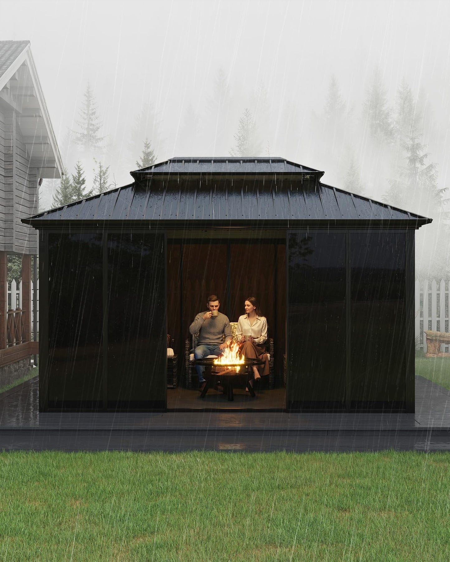 GarveeLife 10x14 ft Sunroom Hardtop Gazebo, Enclosed Gazebo with Floor-to-Ceiling Sliding Doors, All-Aluminum Alloy Frame, Screen Outdoor Room Solarium for Backyard, Patio, and Deck