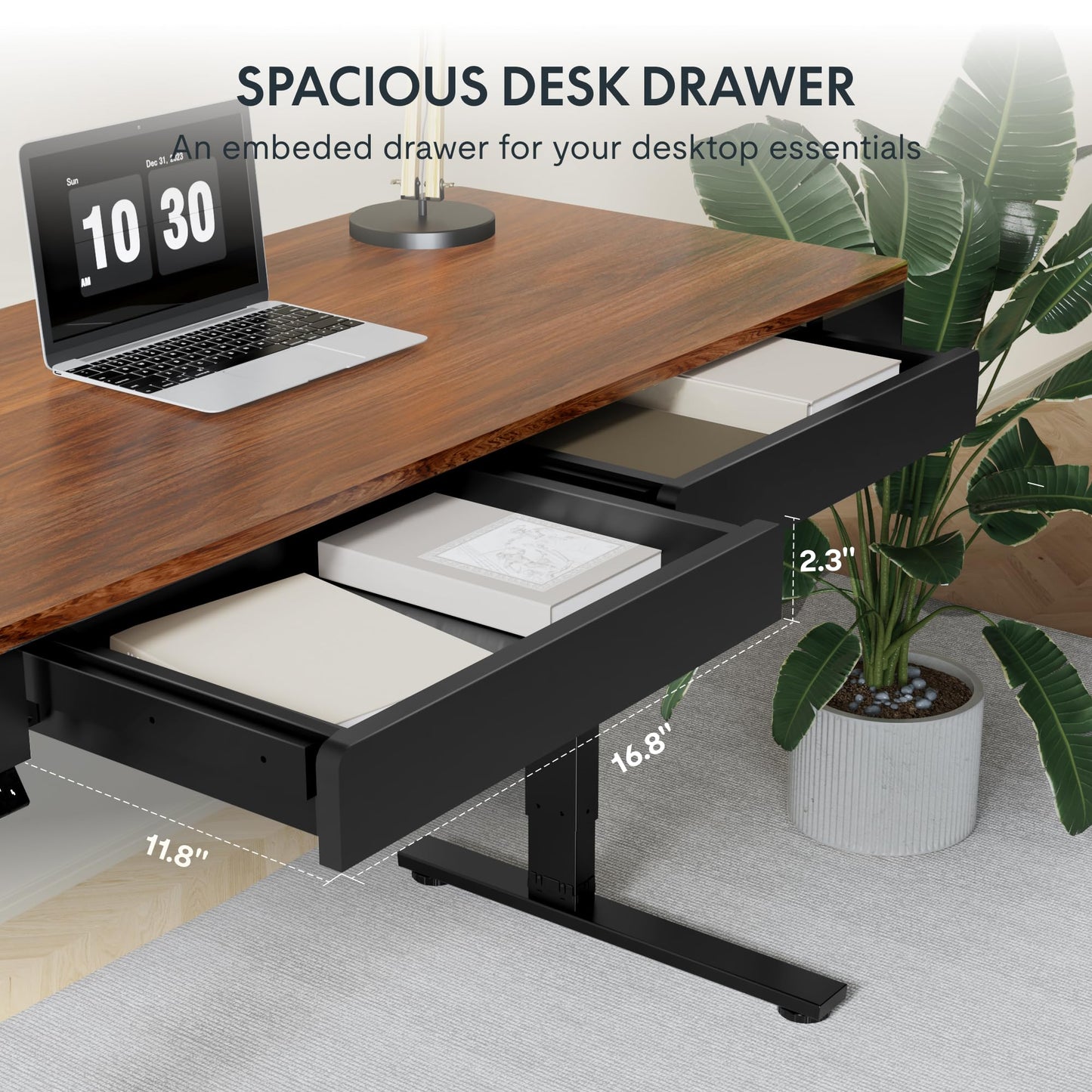 FLEXISPOT Standing Desk with Drawer, 55 x 24 Inch Whole Piece Electric Adjustable Height Stand Up Computer Workstation for Home, Office, Dark Walnut