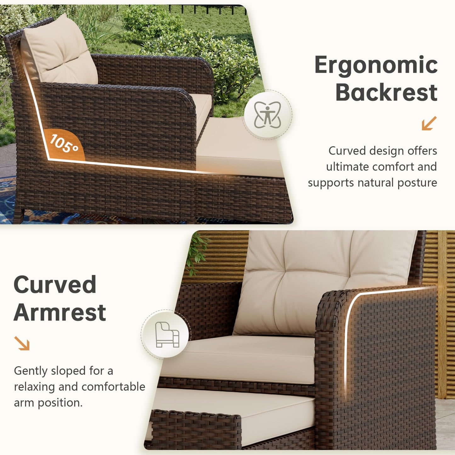 LHBcraft Balcony Furniture 5 Piece Patio Furniture Set, PE Rattan Patio Chairs Conversation Set with Soft Cushions 2 Ottoman & Table for Porch, Lawn, Garden, Beige