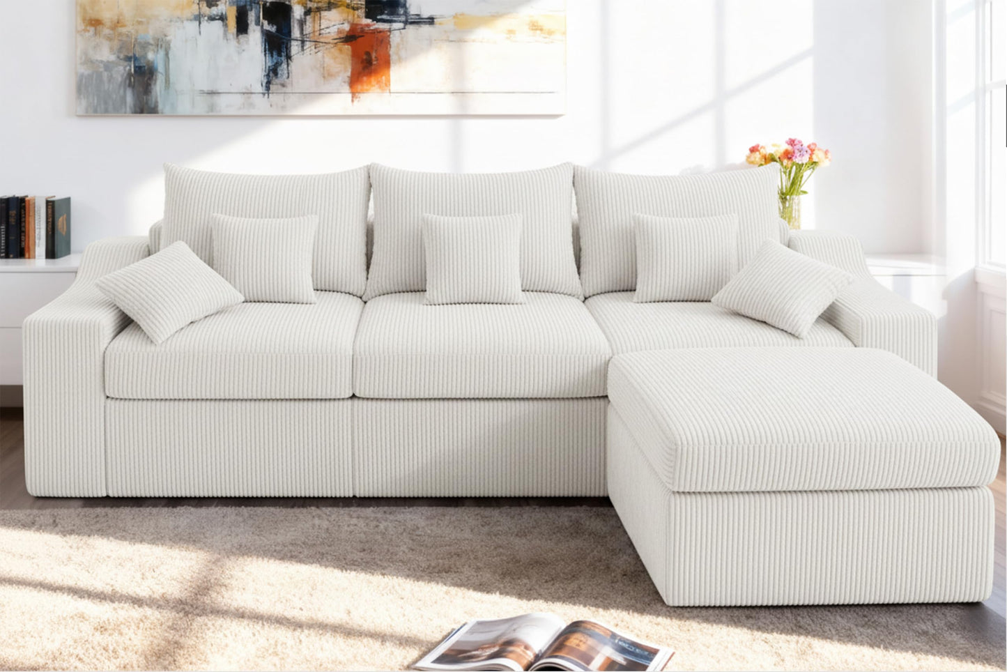 HABUTWAY 104" L Shaped Cloud Sectional Couch, Boneless Modular Sectional Sofa with Deep Seat, Corduroy Couches for Living Room, Modular Couch, No Assembly Required (Beige)