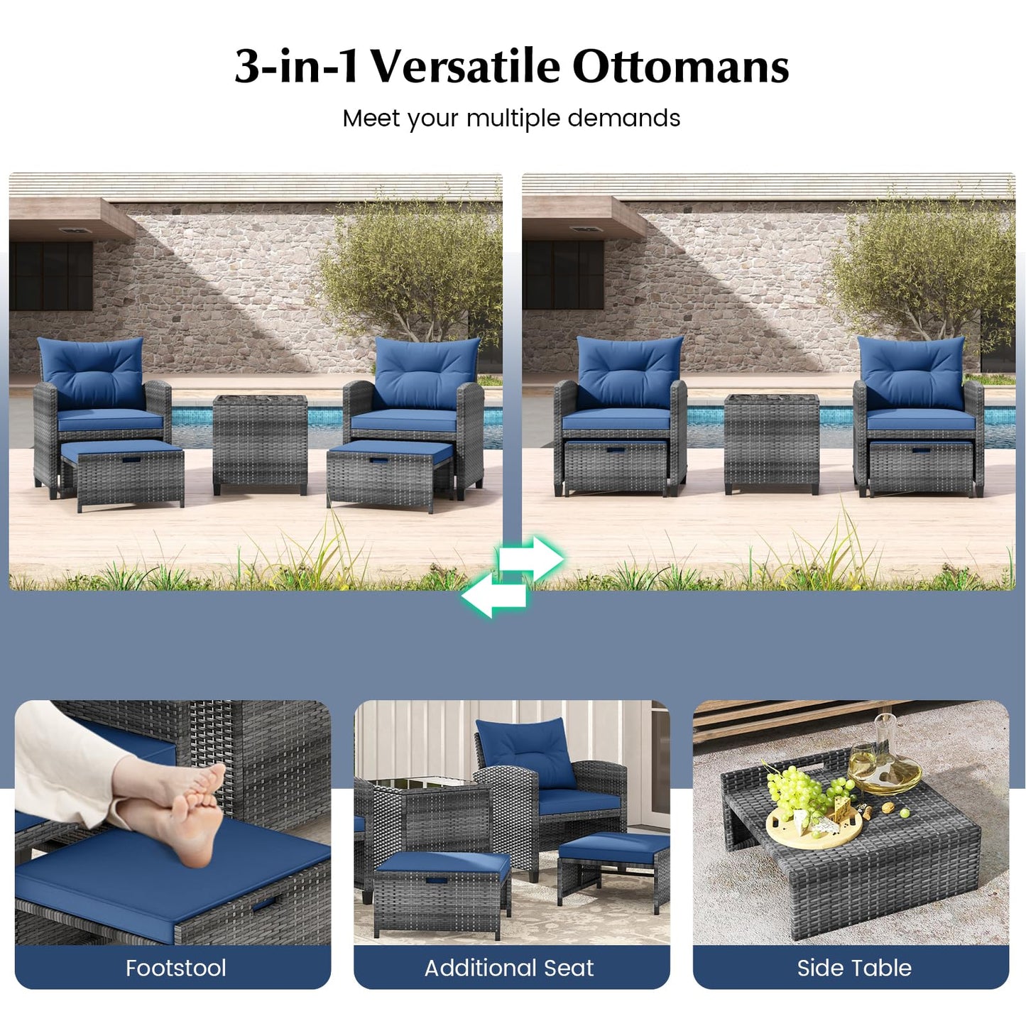 Tangkula 5 Pieces Patio Conversation Set, PE Wicker Rattan Outdoor Furniture Set with 2 Chairs, 2 Ottomans & Tempered Glass Coffee Table, Ideal for Poolside, Backyard, Lawn, Deck, Mix Grey & Navy