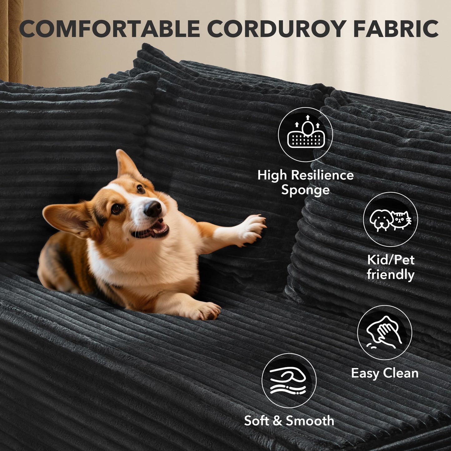 Modular Sectional Sofa Cloud Sectional Couch, 106" Comfy L Shaped Black Couches for Living Room, Deep Seat Memory Foam Plush Corduroy Boneless Couch Sectionals with L Facing Chaise Sofa