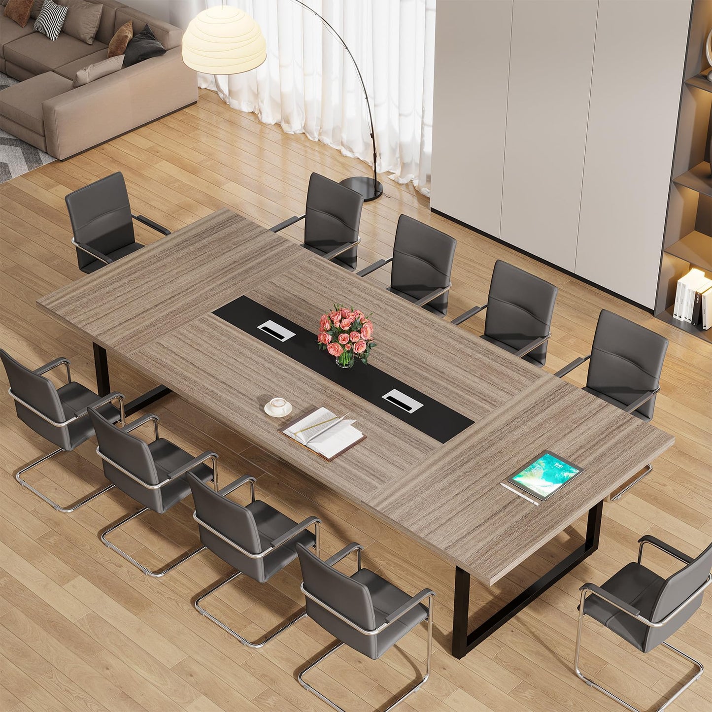 Tribesigns 8FT Conference Table, 94.49 L x 47.24 W x 29.53 H Inches Large Meeting Podcast Table for 10 People, Business Style Wooden Training Table with Strong Metal Frame for Office Conference