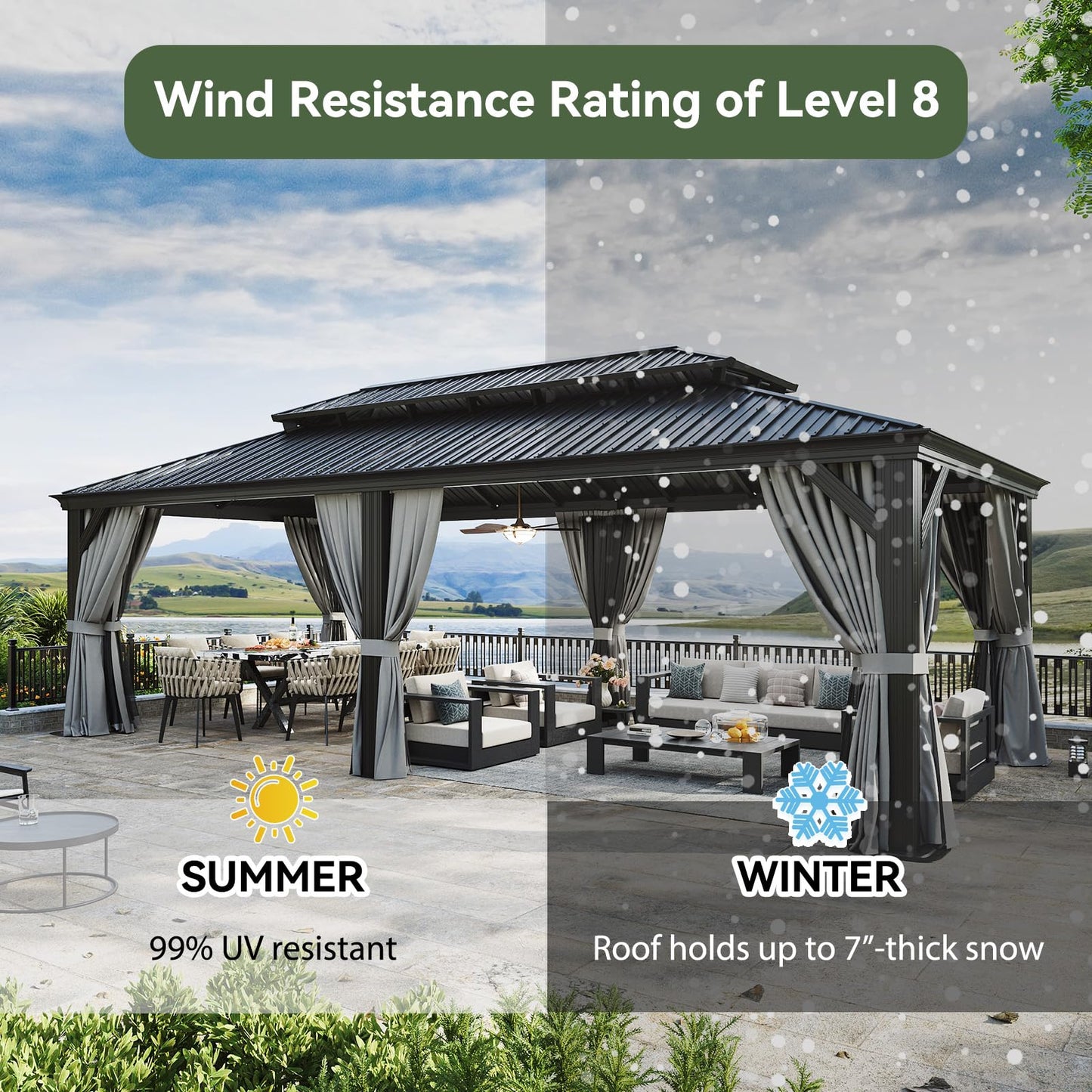 Aoxun 12' X 20' Hardtop Gazebo with Drainage System, Aluminum Outdoor Gazebo with Galvanized Steel Double Roof, Patio Permanent Metal Pavilion with Netting, for Garden, Deck, Grey