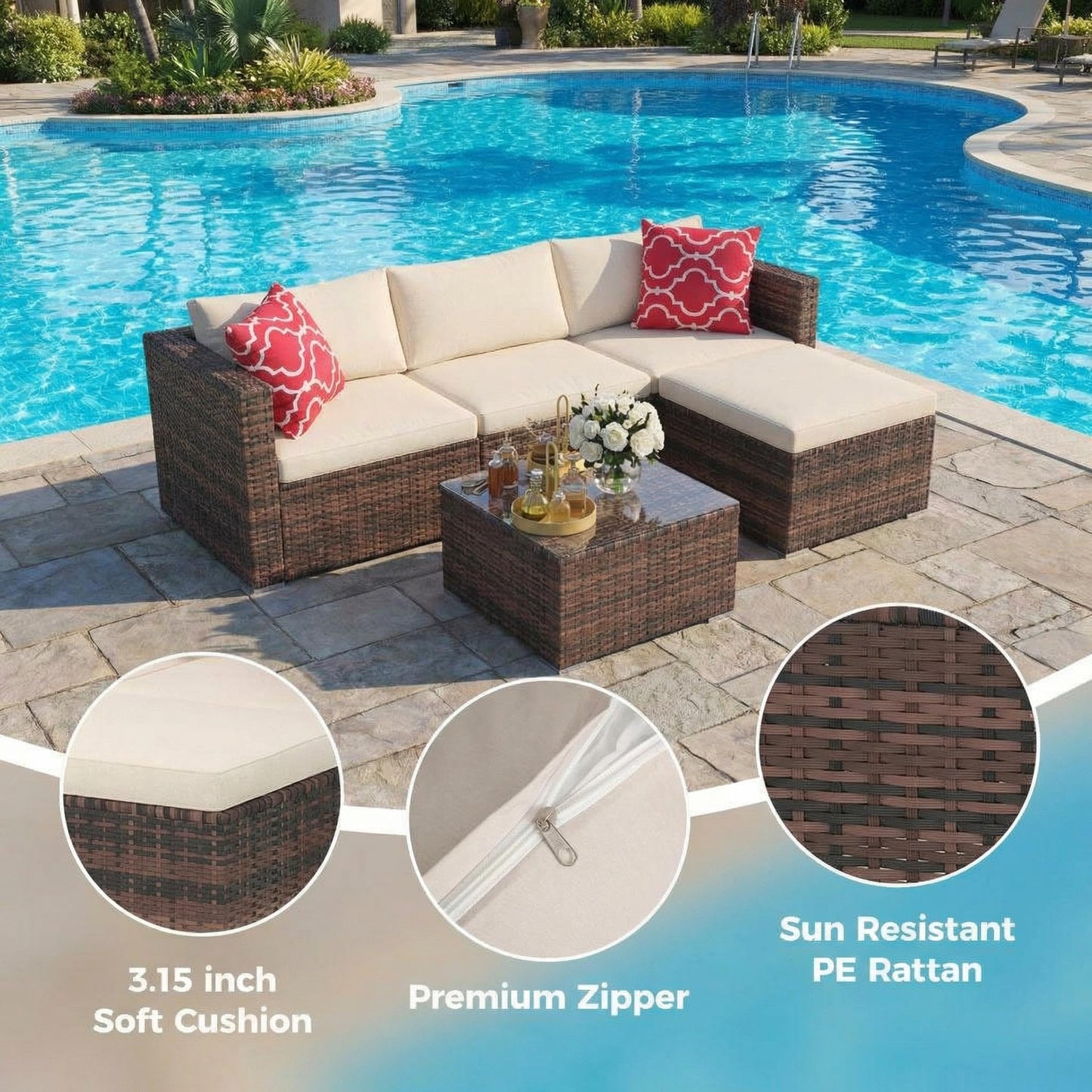 GarveeTech 5 Pieces Patio Furniture Set, All Weather Wicker Rattan Sectional Sofa, Outdoor Patio Furniture Set with Washable Cushions for Garden, Backyard, Porch, Poolside (Brown&Beige) ﻿