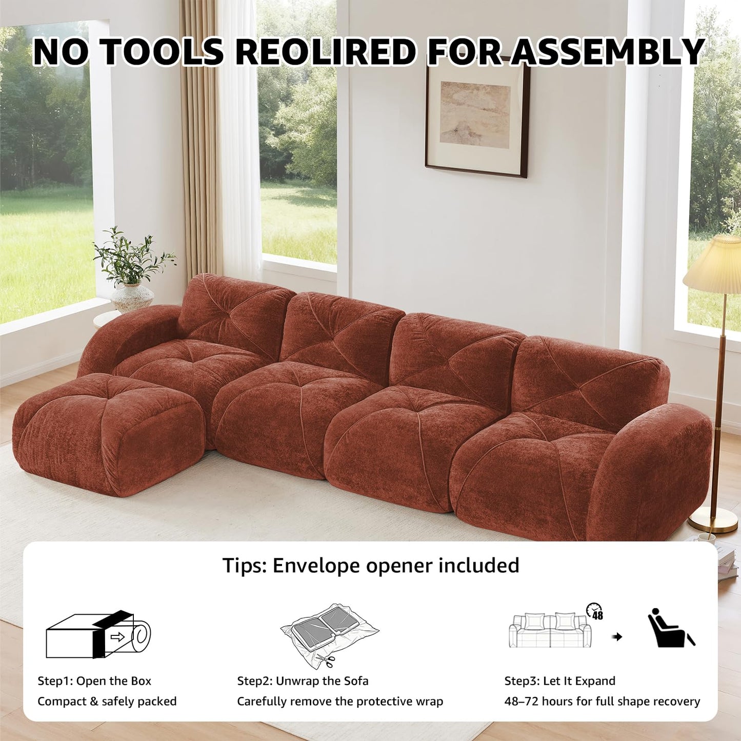 Red L-Shaped Sectional Couches for Living Room, Velvet Fabric Boneless Couch, No Assembly Cloud Modular Sectional Sofa with 1 Ottoman, Foam Couch Compressed Sofa Set for Apartment, Sofas para Sala
