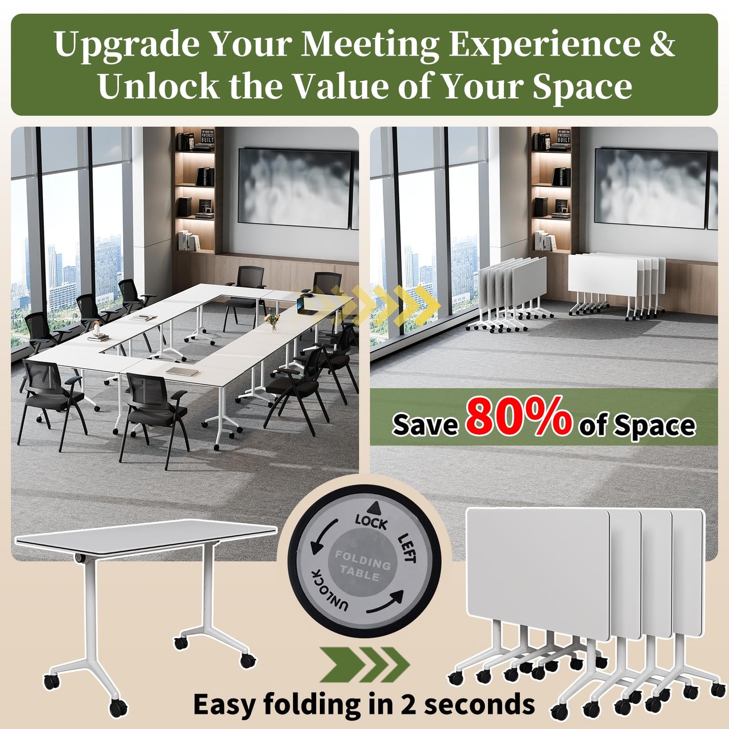 Modular Folding Conference Table with Wheels,8 Pack Mobile Conference Room Tables,Filp Top Rolling Meeting Training Tables for Office,Classroom,Library,Seminar,Boardroom,school(8pack,White,71in)