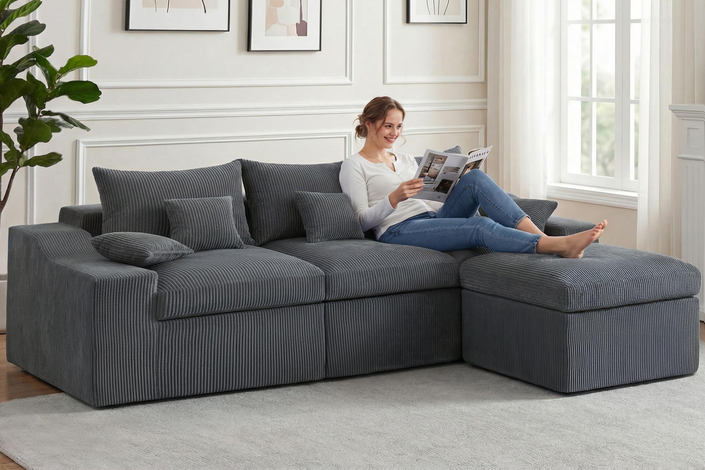 HABUTWAY 104" L Shaped Cloud Sectional Couch, Boneless Modular Sectional Sofa with Deep Seat, Corduroy Couches for Living Room, Modular Couch, No Assembly Required (Grey)