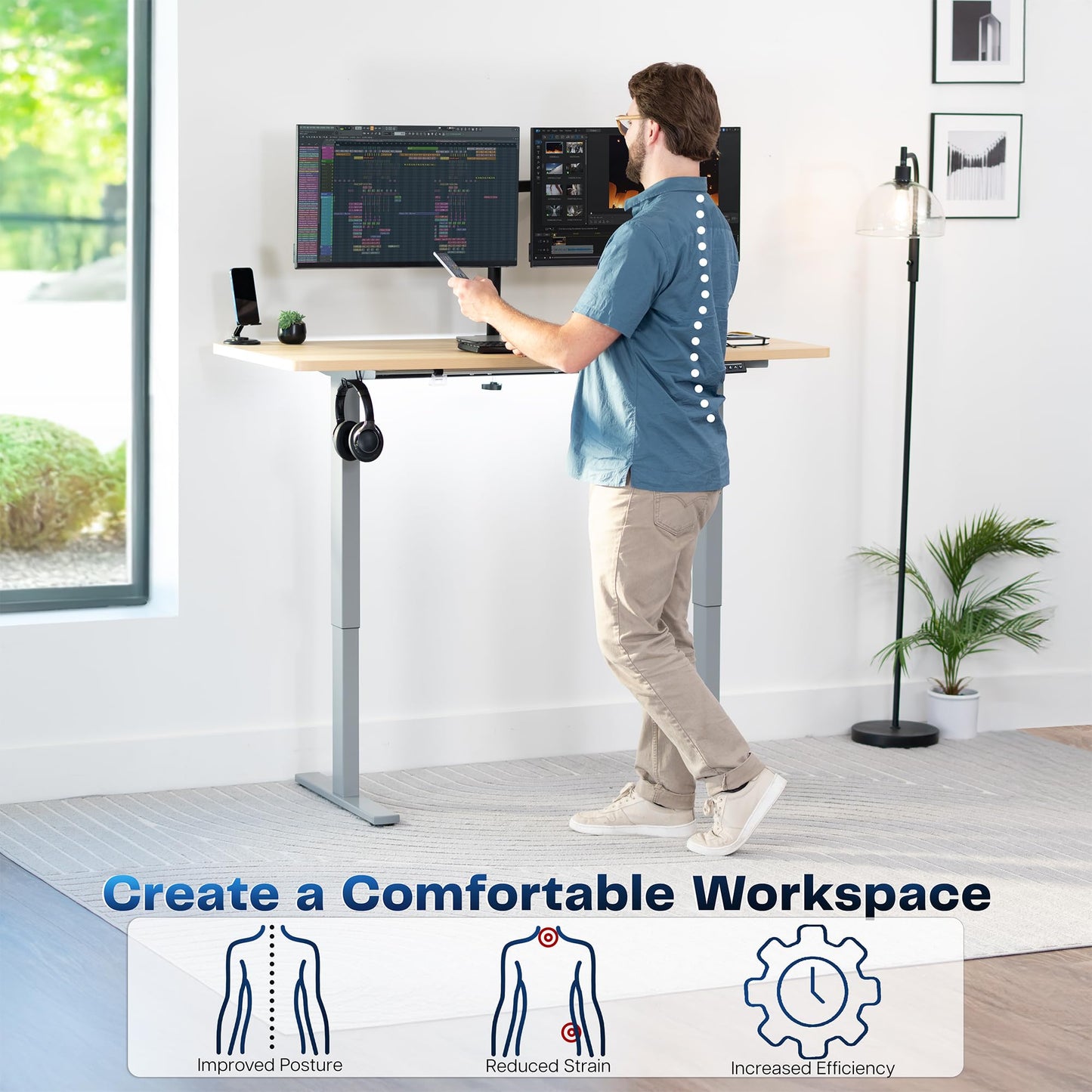 VIVO Electric 60 x 24 in Standing Desk, Memory Height Adjustment, 1B Series, Holds 220 lbs, One-Piece Light Wood Top, Gray Frame, DESK-KIT-1G6C