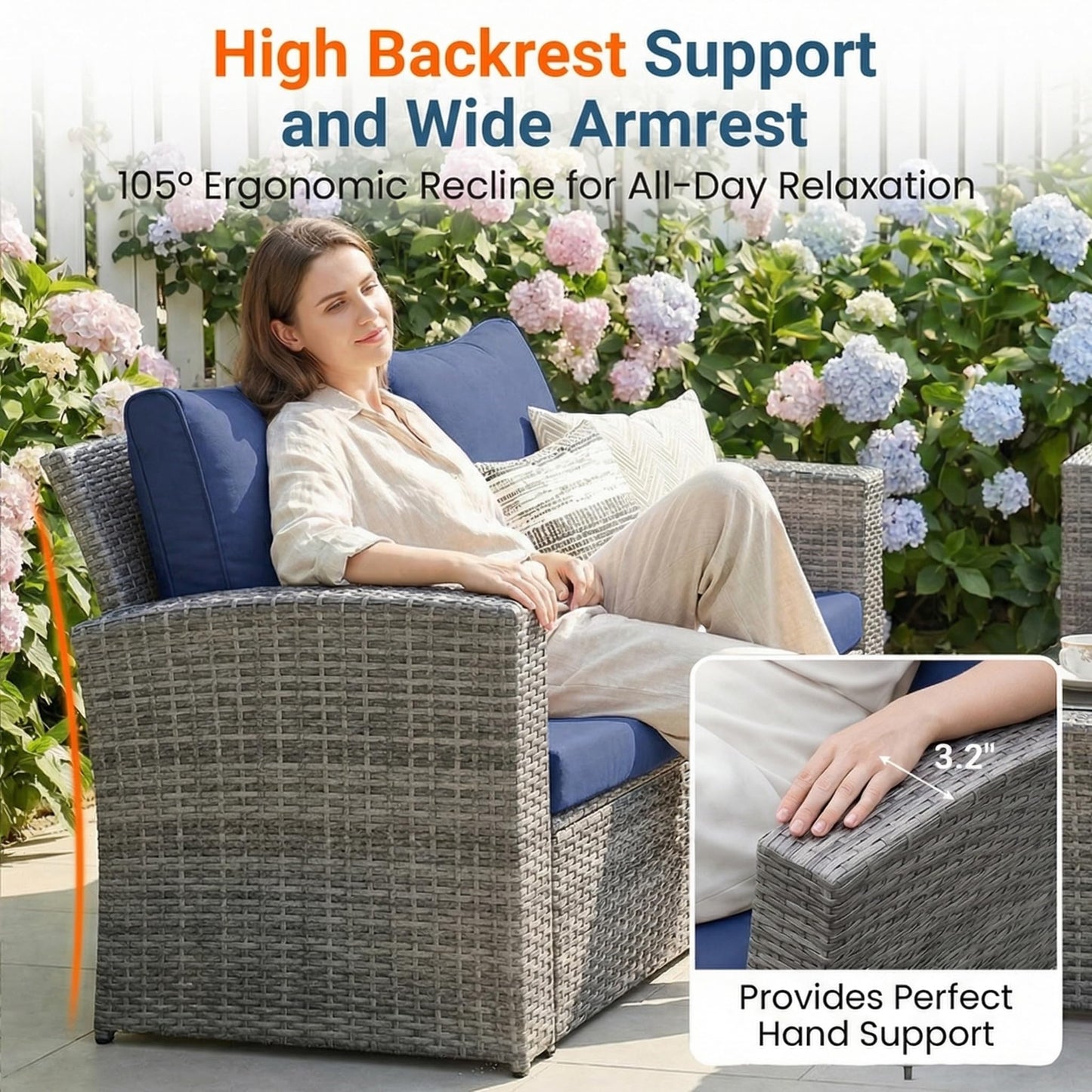 Wisteria Lane Patio Furniture Set, Wicker Outside Outdoor Furniture for All Weather, Patio Sofa with High Backrest Support and Wide Armrest for Backyard, Balcony, Deck, Porch, Navy Blue