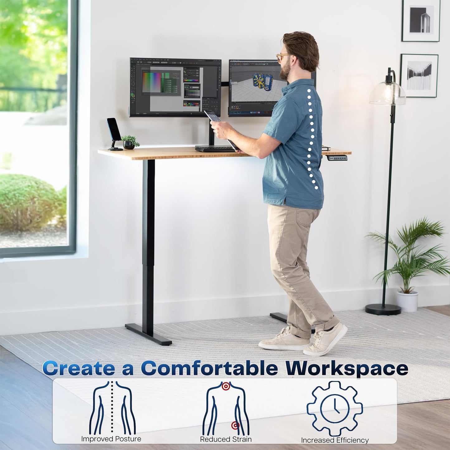 VIVO Electric 60 x 24 in Real Bamboo Standing Desk, Memory Height Adjustment, 1B Series, Holds 220 lbs, One-Piece Top, Black Frame, DESK-KIT-1B6O
