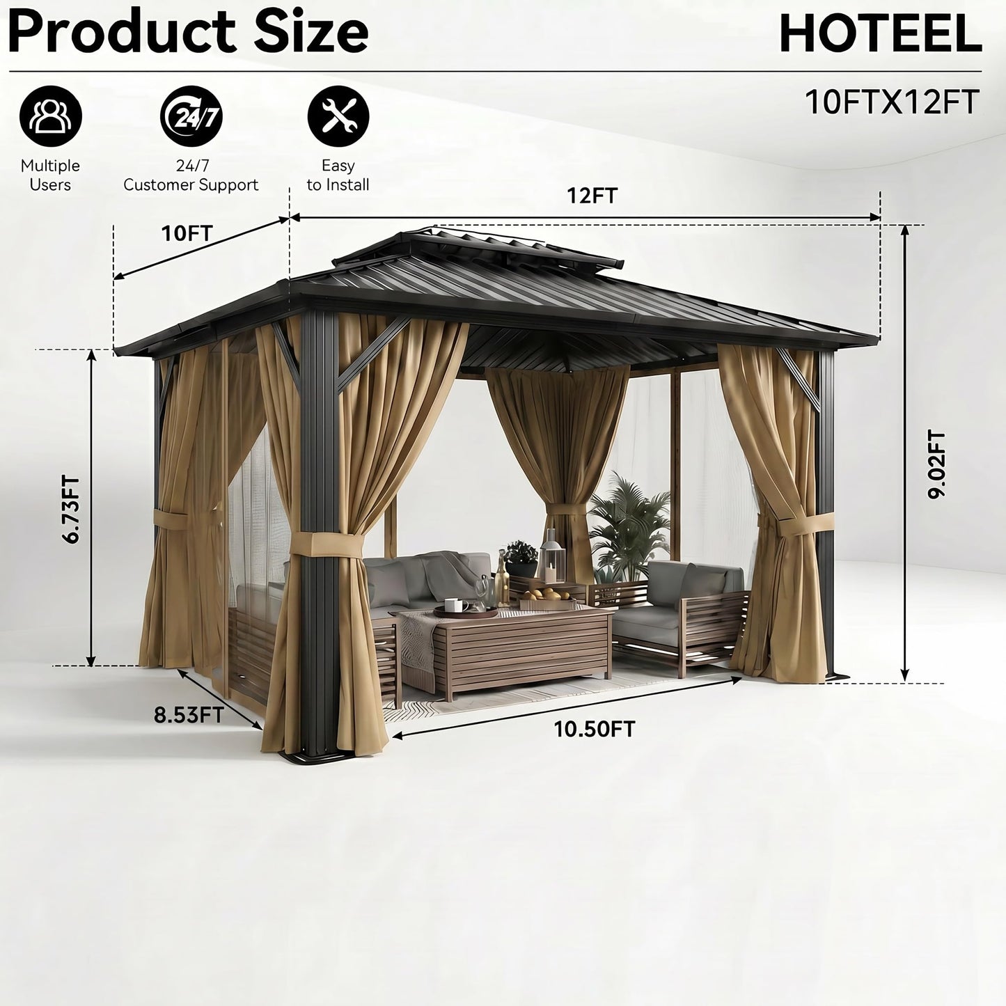 HOTEEL 10x12 Hardtop Gazebo on Clearance with Galvanized Steel Double Roof, Heavy Duty Gazebo with Flame-Retardant Curtain & Netting,Aluminum Frame Outdoor Canopy for Patio, Party, Brown