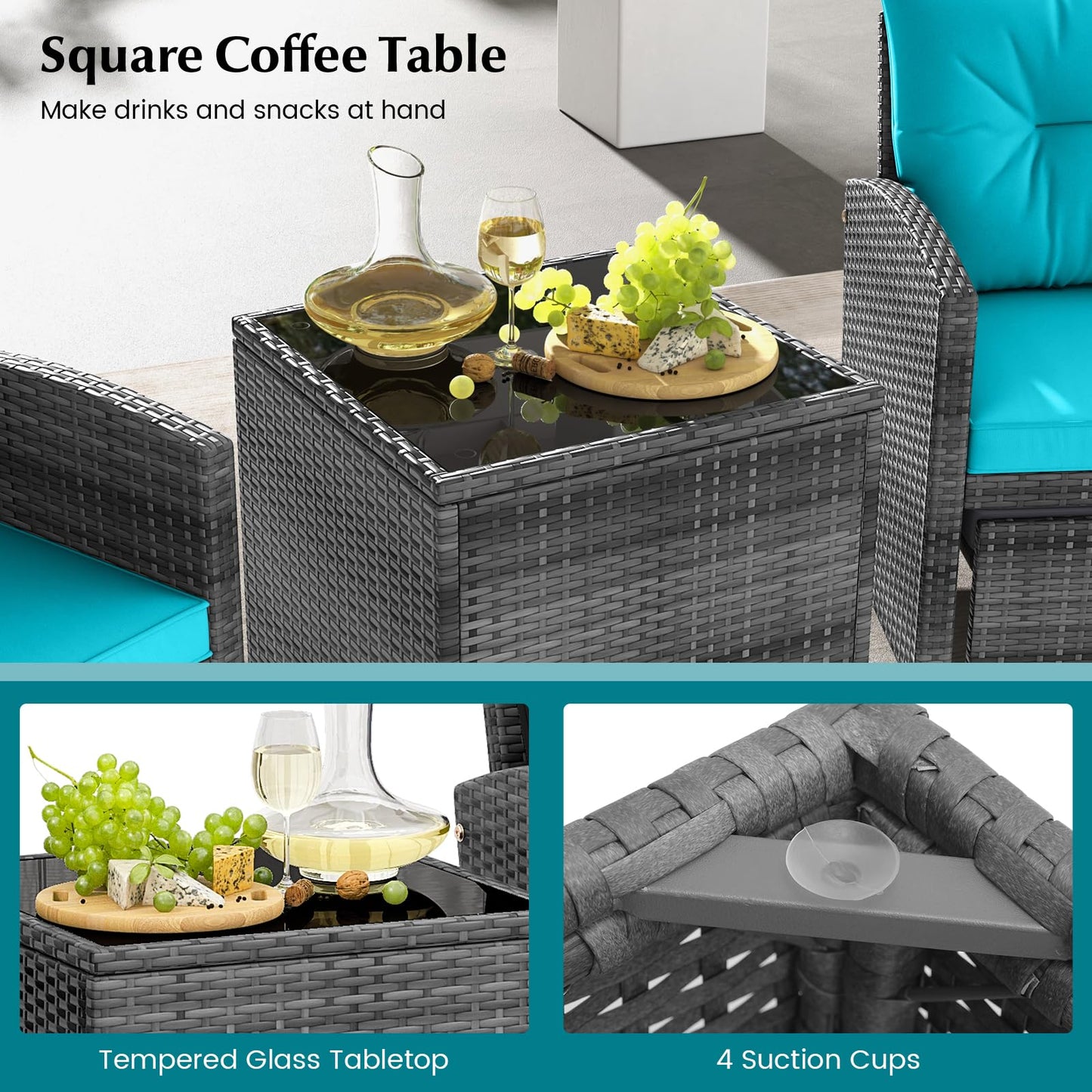 Tangkula 5 Pieces Patio Conversation Set, PE Wicker Rattan Outdoor Furniture Set with 2 Chairs, 2 Ottomans & Tempered Glass Coffee Table, Ideal for Poolside, Backyard, Lawn, Deck, Mix Grey & Turquoise