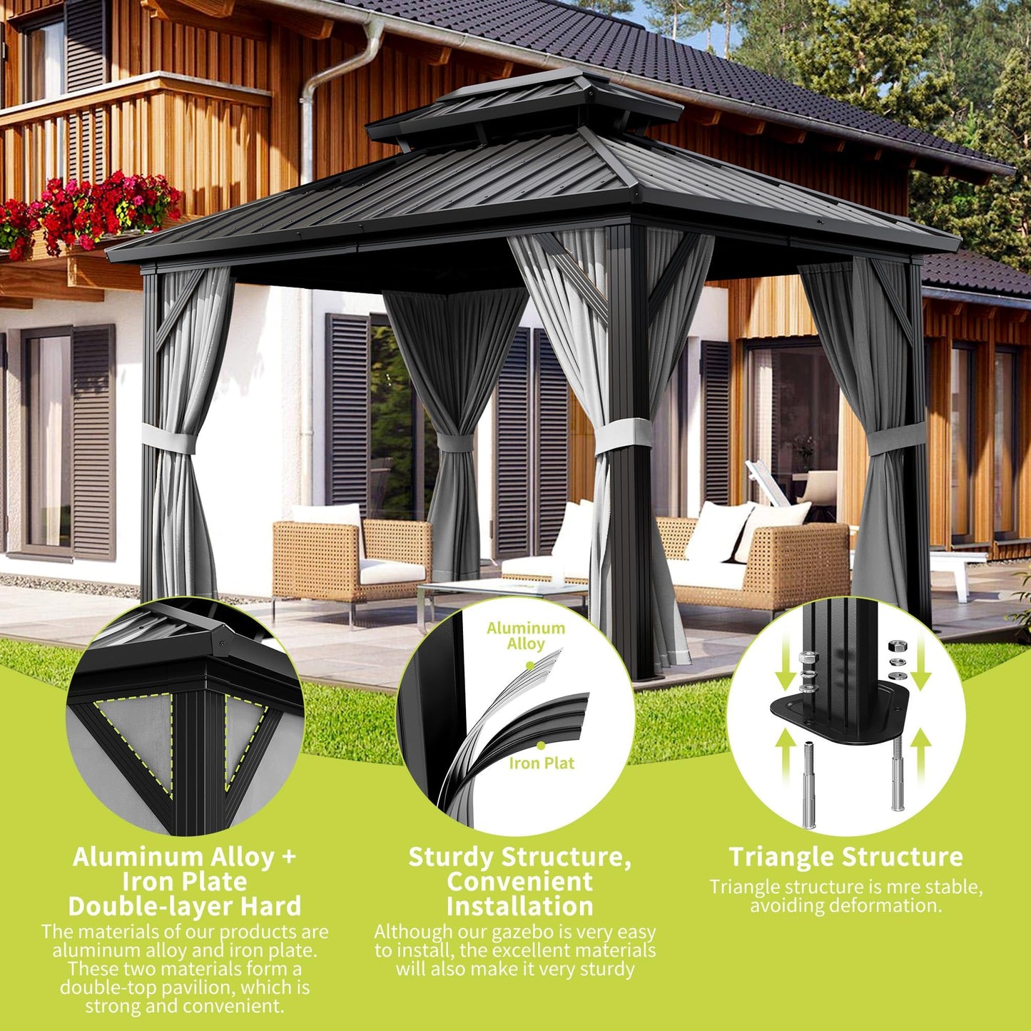 10 X12 ft Hardtop Gazebo, Galvanized Steel Double Roof with Curtains and Netting, Aluminum Frame Patio Gazebo for Patio, Garden and Lawn