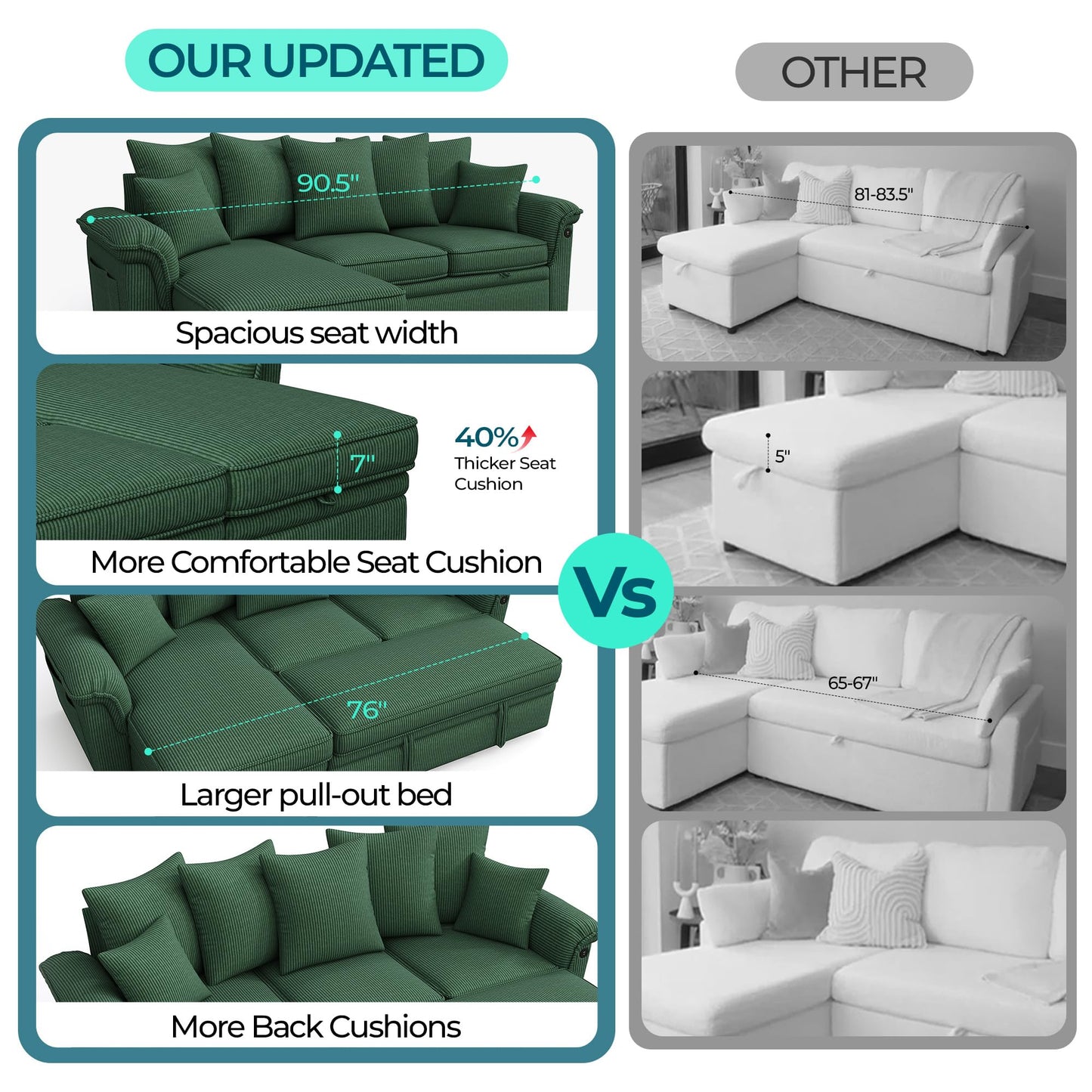 LINSY HOME 90.5'' Sectional Sleeper Sofa with Pull Out Couch Bed Modular (Green, 90.5'')