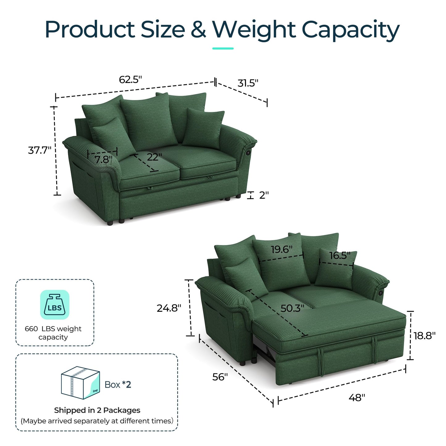 LINSY HOME Sectional Loveseat Sofa with Pull Out Chaise (Green, 62.5'')