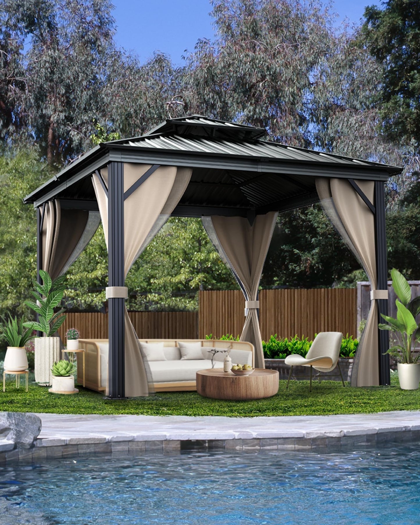 12x12 FT Hardtop Gazebo with Galvanized Steel Double Roof, Heavy-Duty Aluminum Frame Outdoor Gazebo Canopy with Mosquito Netting & Waterproof Curtains for Patio, Backyard, Deck & Lawn