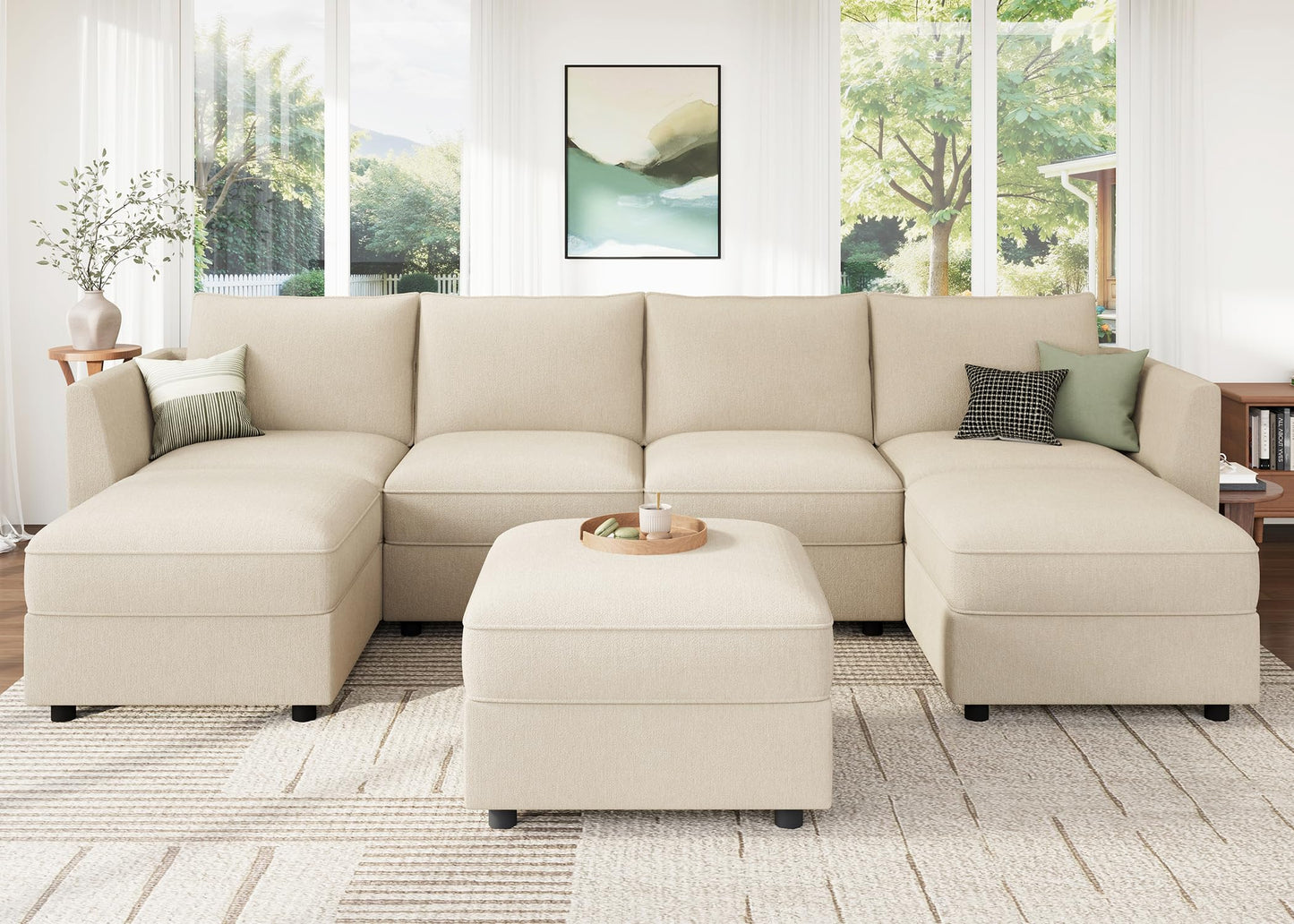 HONBAY Modular Sofa U Shaped Sectional Couch with Storage, Convertible Modular Sofa 7 Seats Sectional for Living Room - Beige