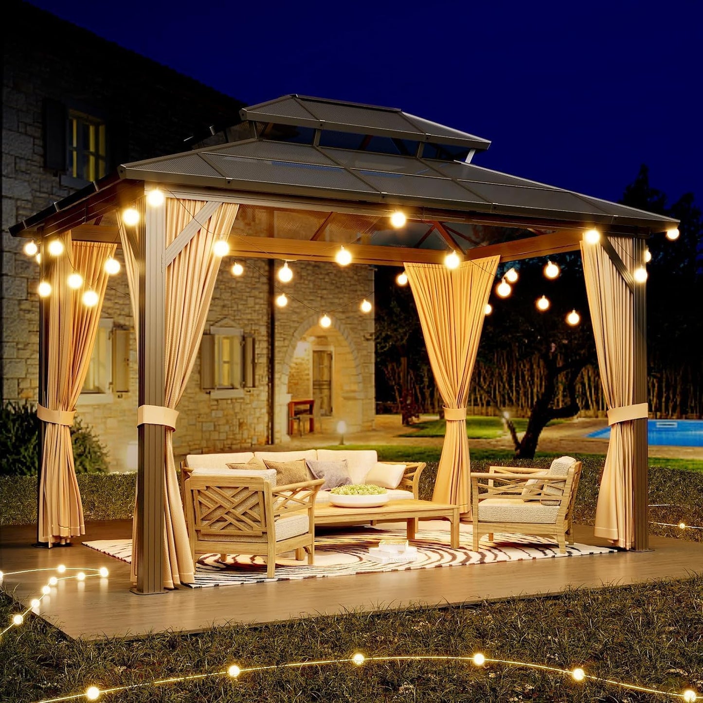 GAOMON 10'x12' Hardtop Gazebo, Outdoor Polycarbonate Double Roof Canopy, Aluminum Frame Permanent Pavilion with Curtains and Netting, Sunshade for Garden, Patio, Lawns