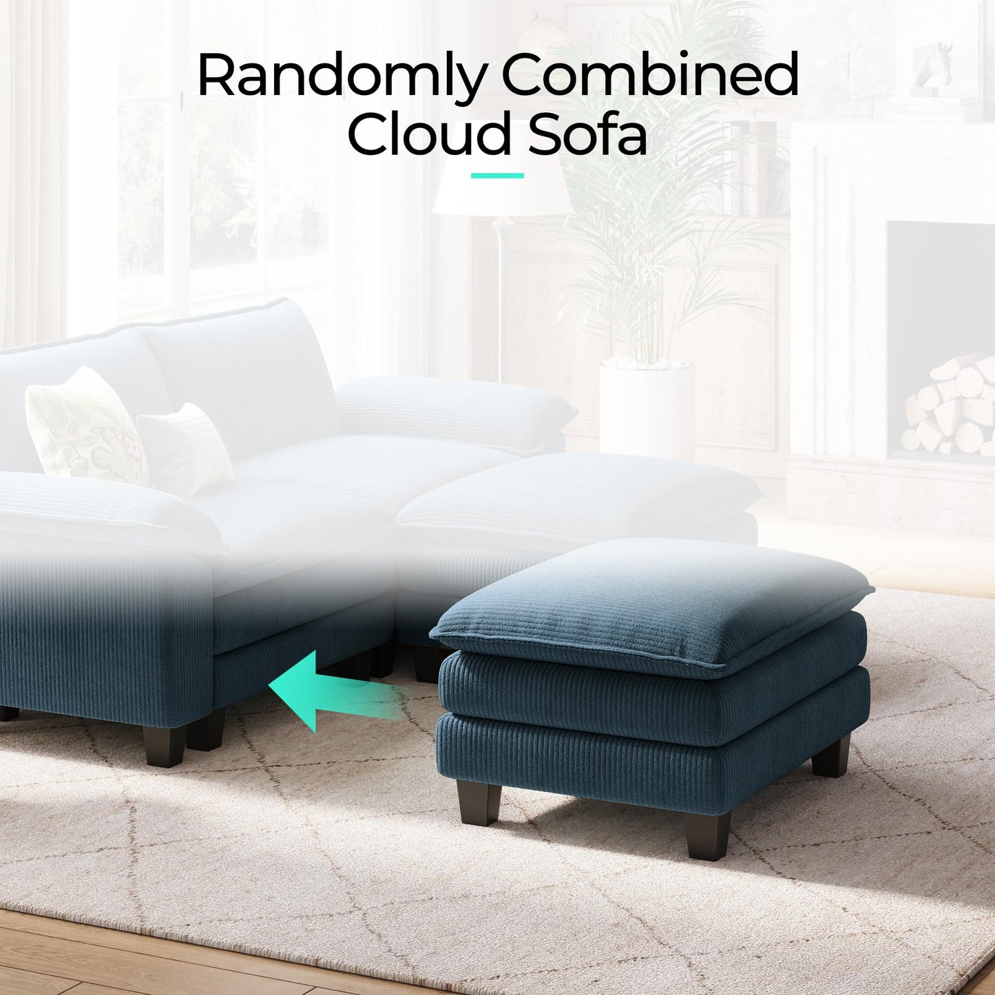 LINSY HOME Modular Sectional Sofa - Oversized Corduroy Cloud Couch with Movable Ottoman Soft Modern Comfy Sofa Set for Living Room Apartment Office, Blue