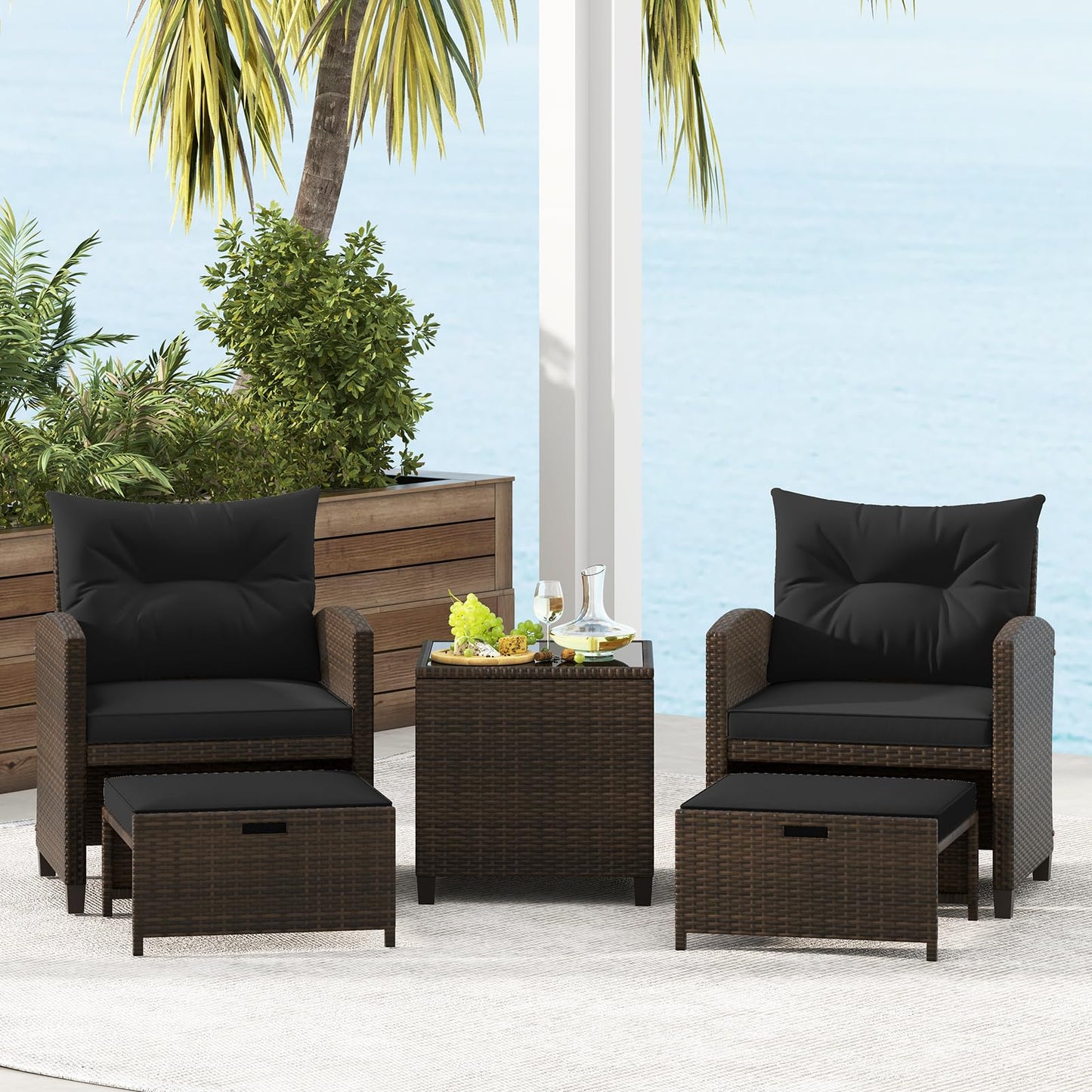 Tangkula 5 Pieces Patio Conversation Set, PE Wicker Rattan Outdoor Furniture Set with 2 Chairs, 2 Ottomans & Tempered Glass Coffee Table, Ideal for Poolside, Backyard, Lawn, Deck, Mix Brown & Black