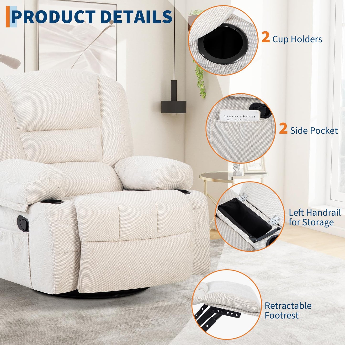GarveeHome Oversized Wide Recliner Chair-Heat and Vibration Massage, 360° Swivel Rocker Chair for Adults,Chenille Fabric Manual Recliner with Cup Holders & Side Pocket for Living Room, Bedroom,White