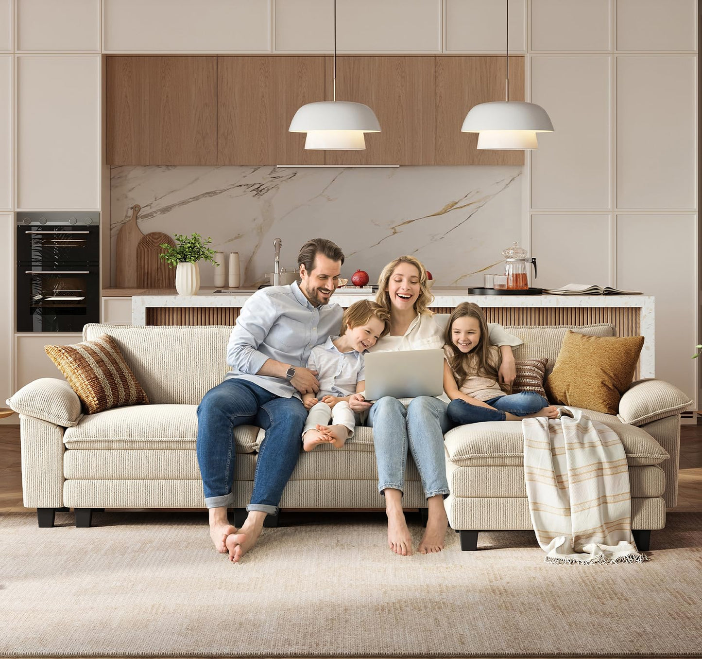 LINSY HOME 157'' Modular Sectional Sofa Beige Couch Corduroy Cloud Couches for Living Room, U Shaped Couch with Movable Ottoman, Modern Cloud Sectional Sofas for Bedroom and Apartment, Beige
