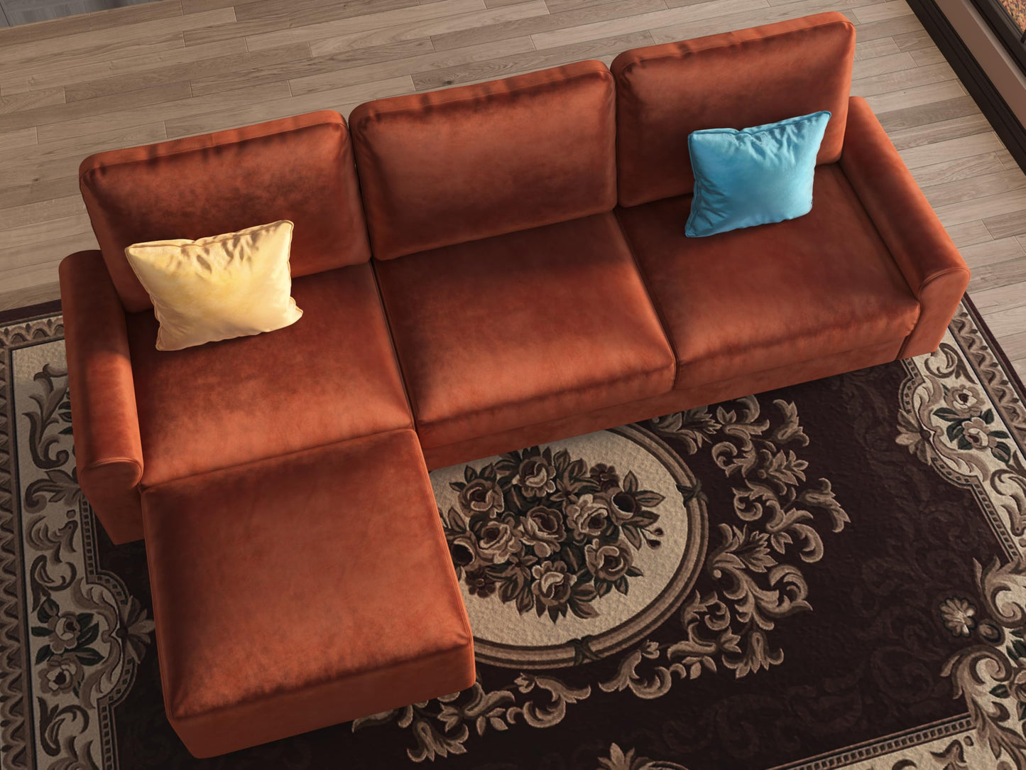 EASE MOOSE Large Seat Velvet L-Shaped Sofa, Soft 4 Seat Couch with Reversible Chaise, Comfy Sectional Modular Sofa with Removable Washable Covers for Living Room and Small Space, Caramel