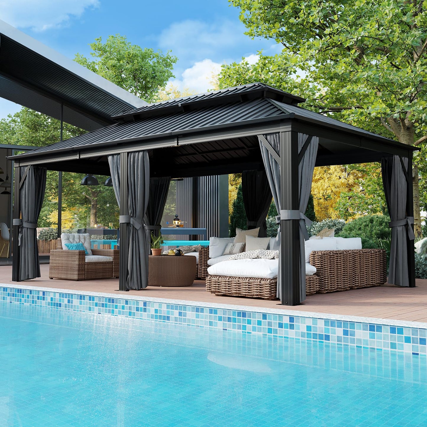 Aoxun 12' X 20' Hardtop Gazebo, Galvanized Steel Double Top, Metal Gazebo with Curtains and Netting, Permanent Canopy Pavilion for Wedding, Party, Outdoor Dining